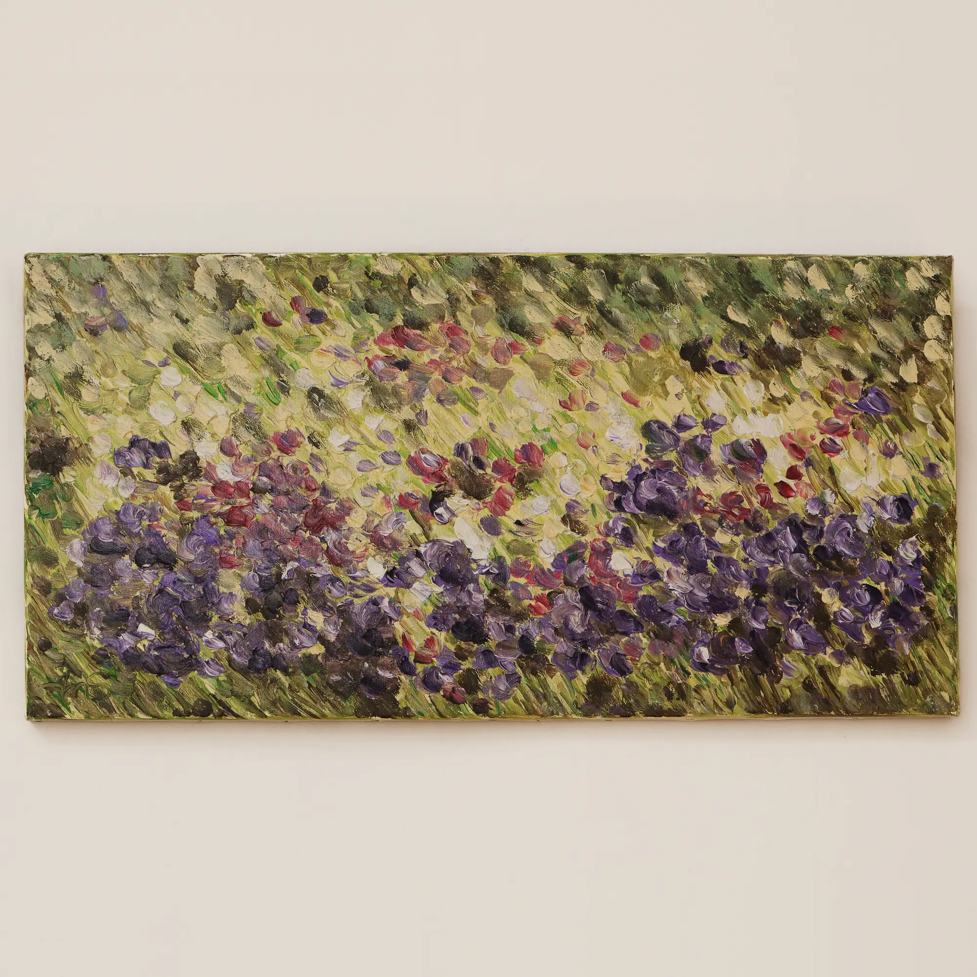Nahaufnahme Gemaelde Wand Bild Blumen Wiese hell pastell gelb lila gruen pastos abstrakt Art