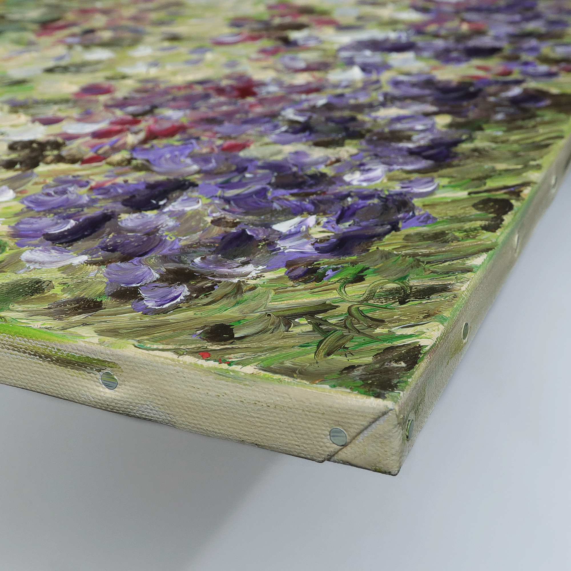 Nahaufnahme Gemaelde Wand Bild Blumen Wiese hell pastell gelb lila gruen pastos abstrakt Art