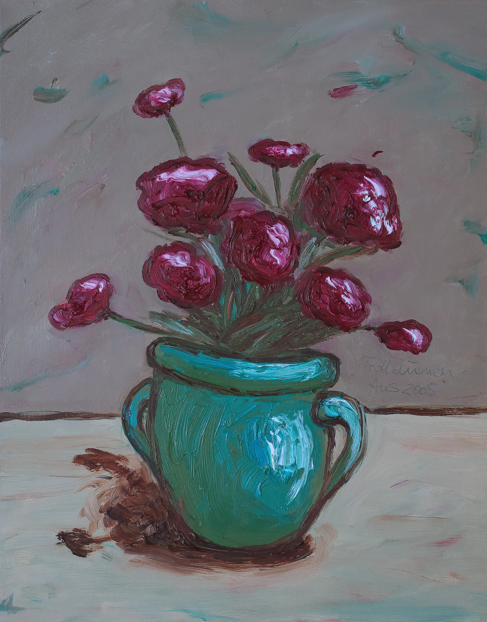 Gemälde Hochformat Hochkant pink braun beige Art Blumen Blume Strauss Topf Vase