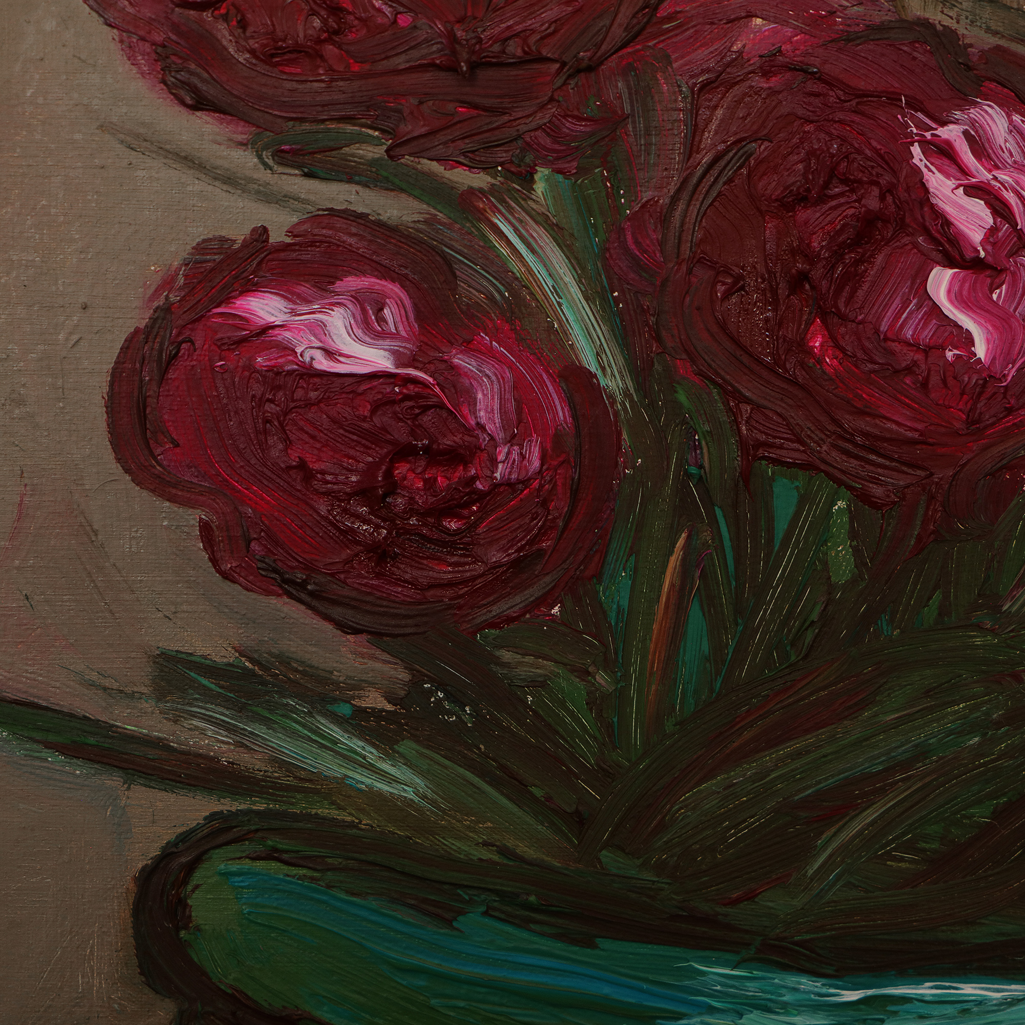 Nahaufnahme Gemaelde Hochformat Hochkant pink braun beige Art Blumen Blume Strauss Topf Vase