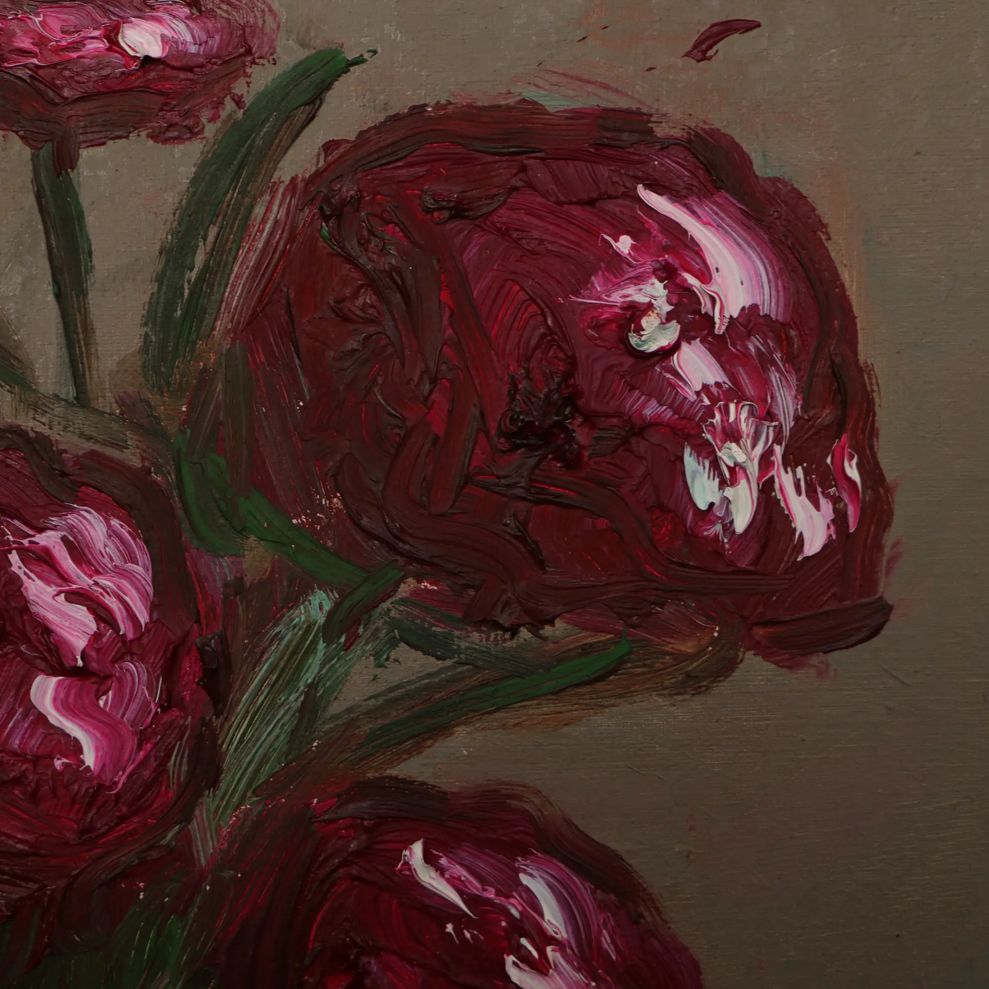 Nahaufnahme Gemälde Hochformat Hochkant pink braun beige Art Blumen Blume Strauss Topf Vase