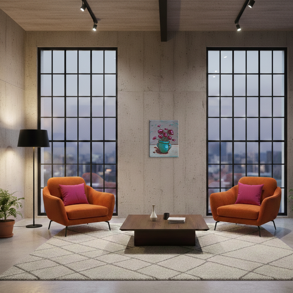 Nahaufnahme Gemaelde Hochformat Hochkant pink braun beige Art Blumen Blume Strauss Topf Vase