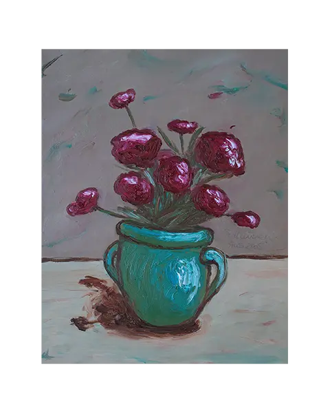 Gemälde Hochformat Hochkant pink braun beige Art Blumen Blume Strauss Topf Vase