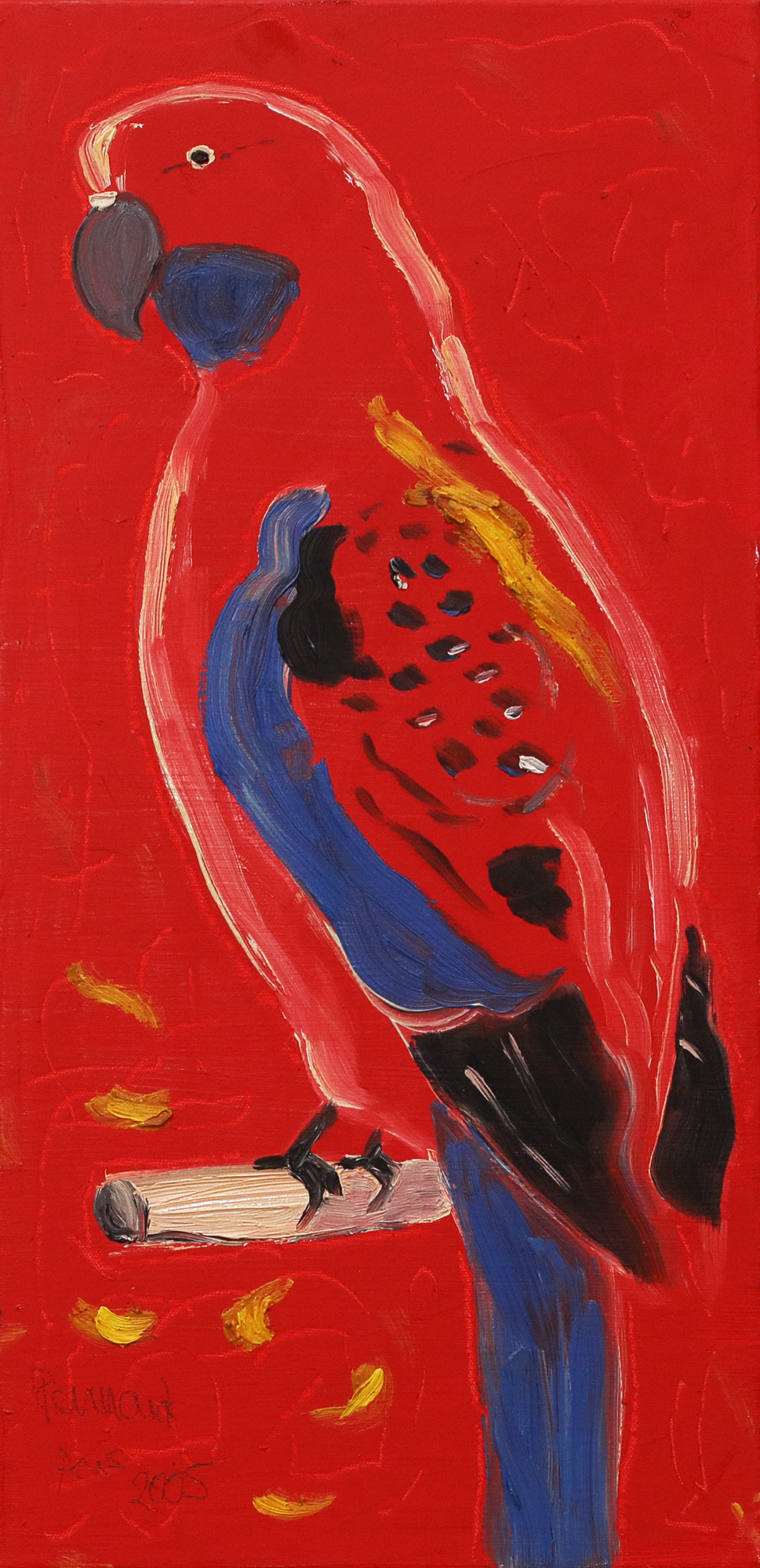 Gemaelde Pennant Wellen Sittich Vogel rot pastos dick lang schmal Ara Papagei