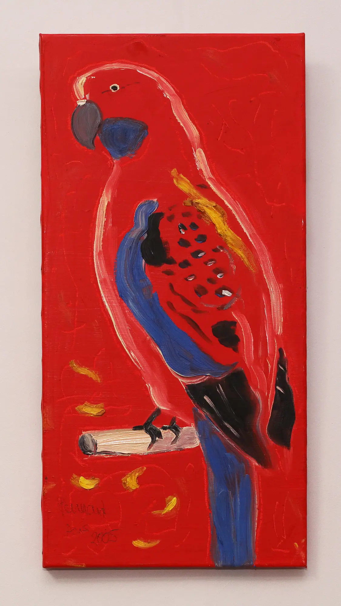 Nahaufnahme Gemälde Pennant Wellen Sittich Vogel rot pastos dick lang schmal Ara Papagei