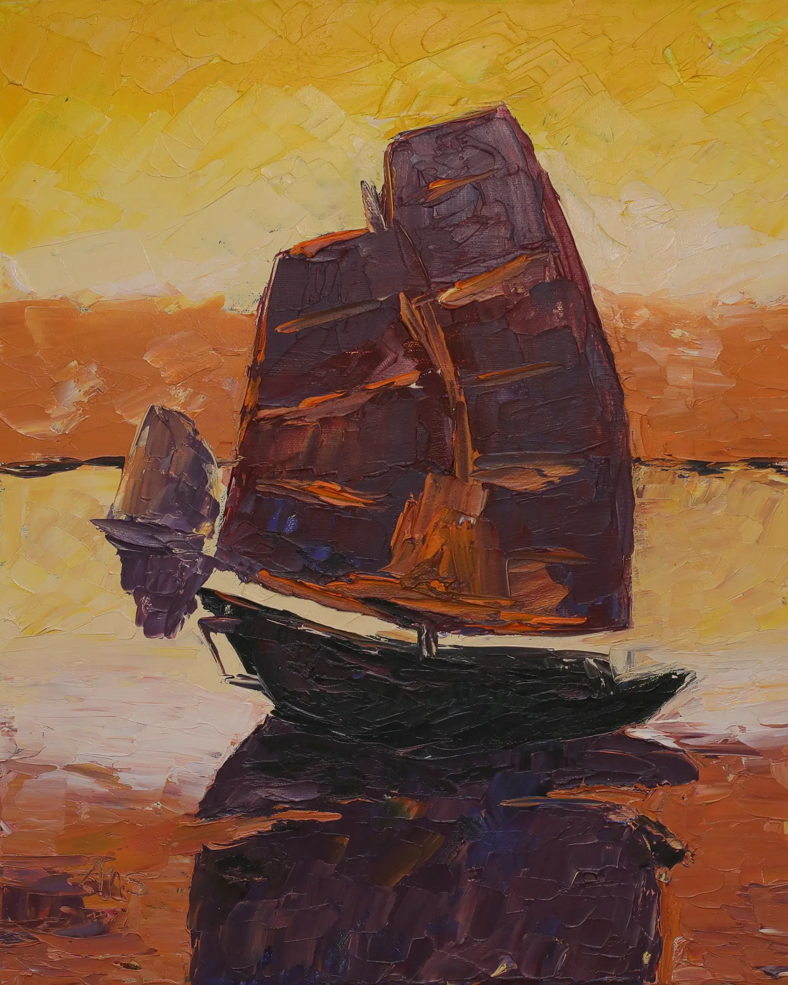 Gemaelde Sonne Sonnenuntergang Abend rot gelb pink Segel Boot Dschunke Urlaub