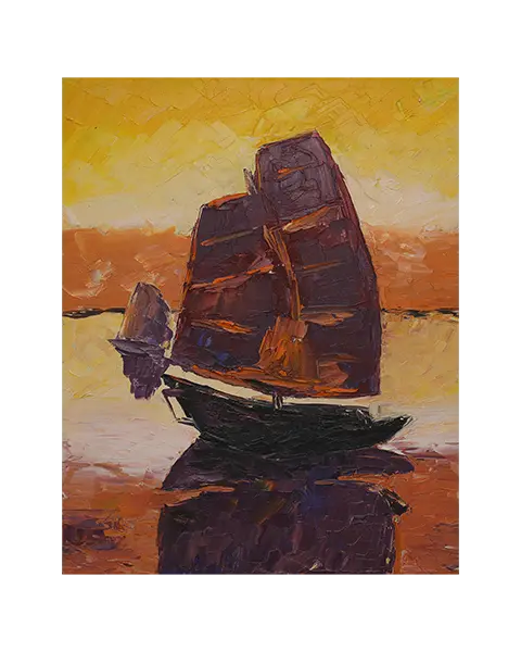 Gemaelde Sonne Sonnenuntergang Abend rot gelb pink Segel Boot Dschunke Urlaub