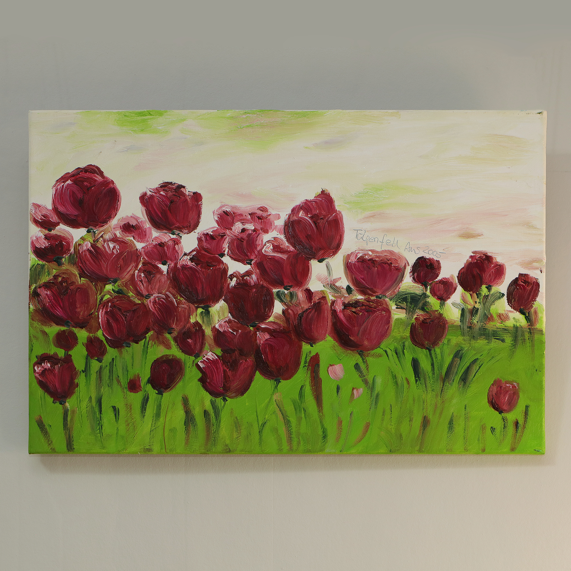 Nahaufnahme Gemaelde Bild Oel Tulpen Feld Holland rot weiss hell gruen Acker Wiese Unikat