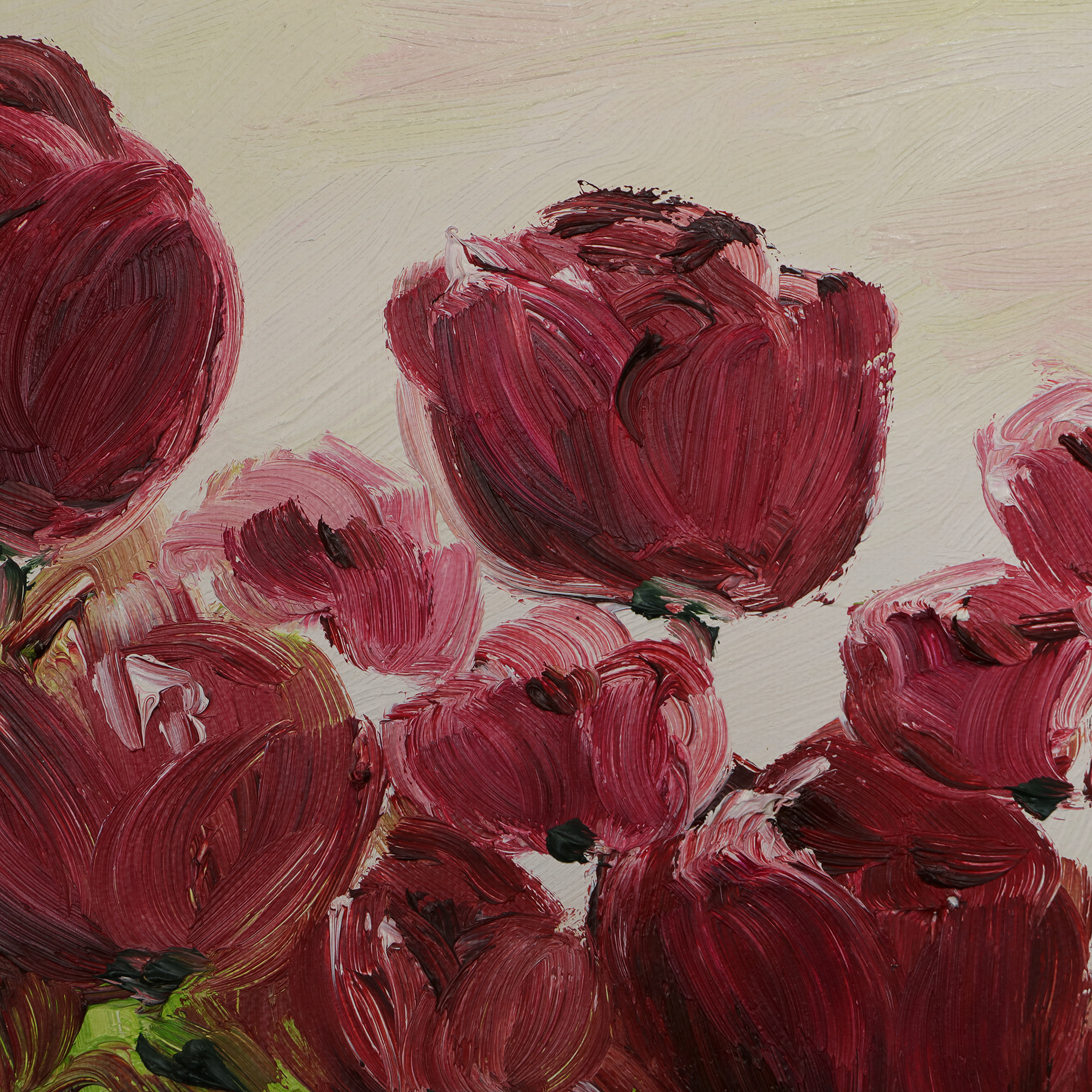 Nahaufnahme Gemaelde Bild Oel Tulpen Feld Holland rot weiss hell gruen Acker Wiese Unikat