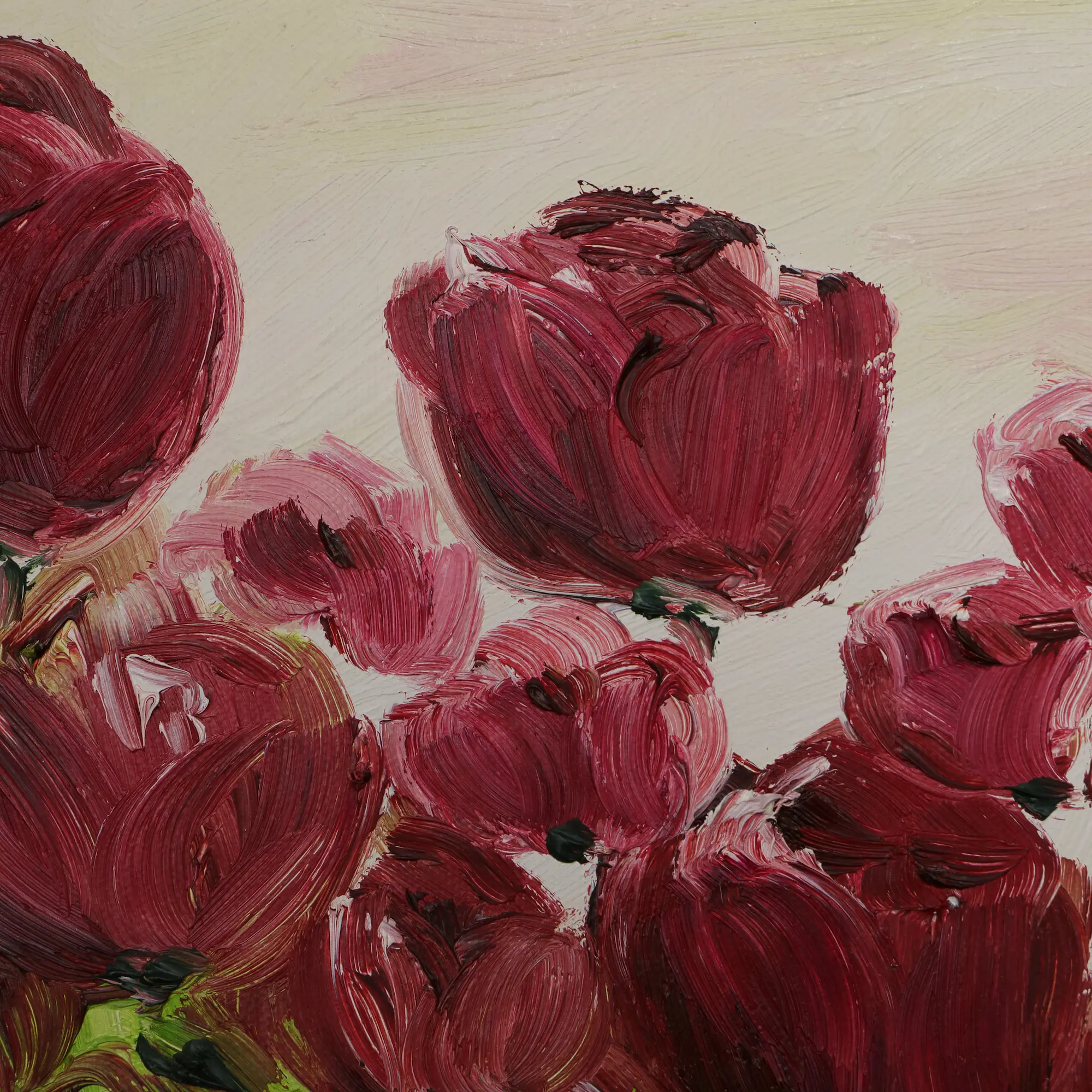 Nahaufnahme Gemaelde Bild Oel Tulpen Feld Holland rot weiss hell gruen Acker Wiese Unikat