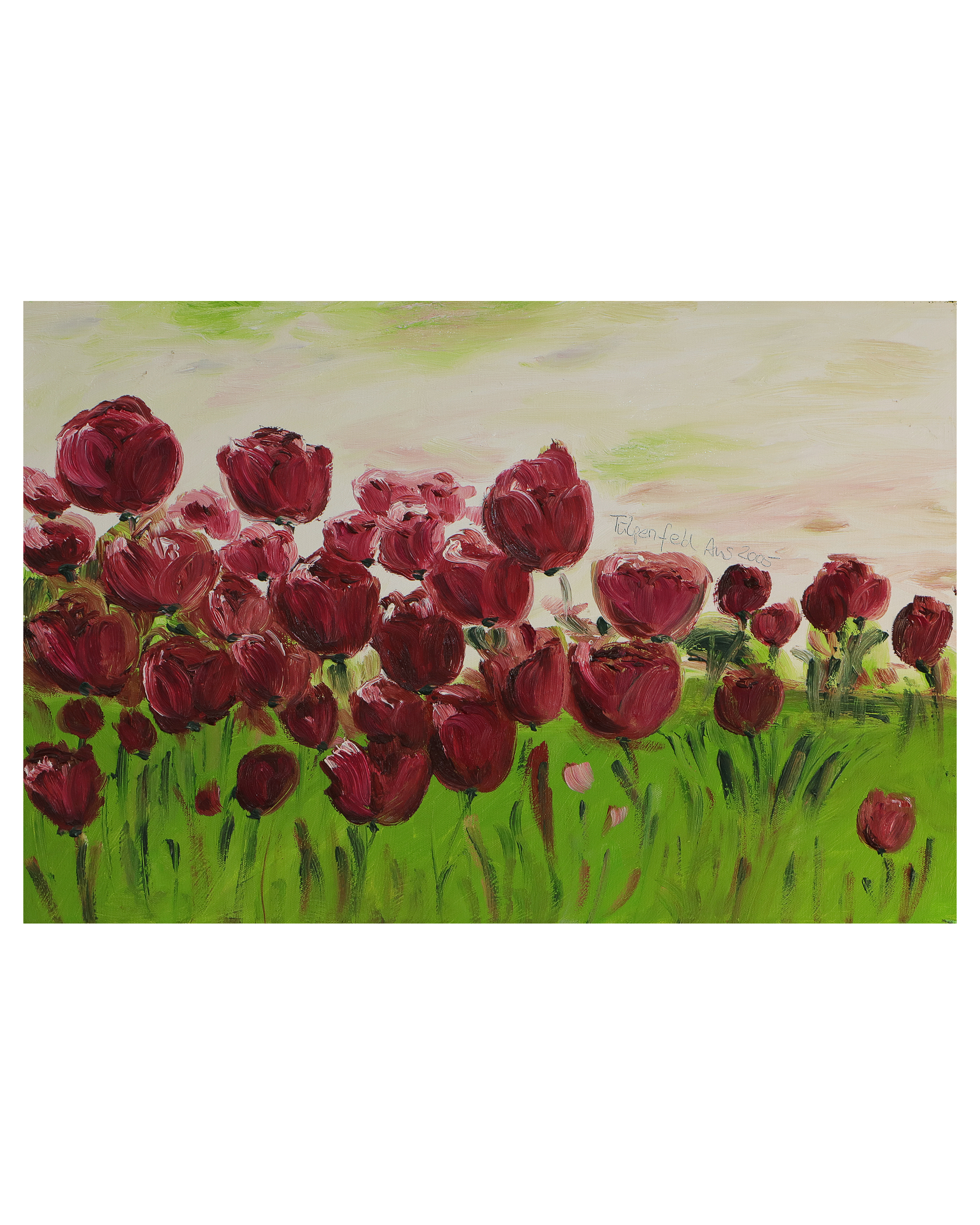 Gemaelde Bild Oel Tulpen Feld Holland rot weiss hell gruen Acker Wiese Unikat