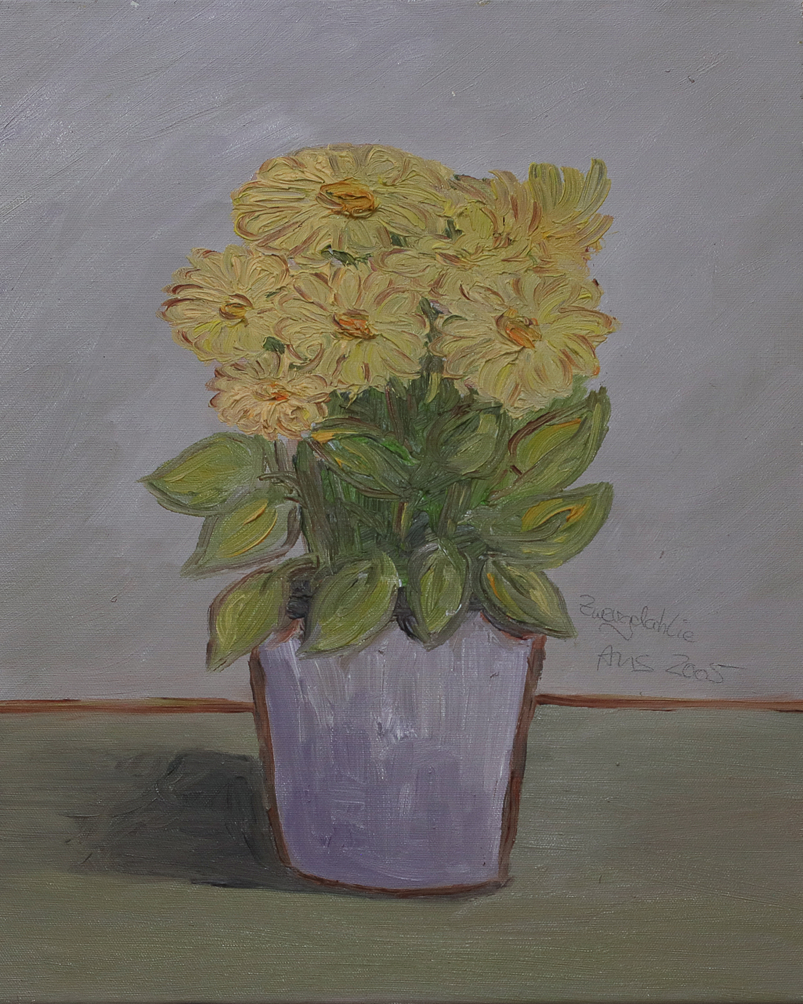 Gemaelde Bild Boquet Blume Blumentopf Dahlie gelb grau lila klein XS Margerite