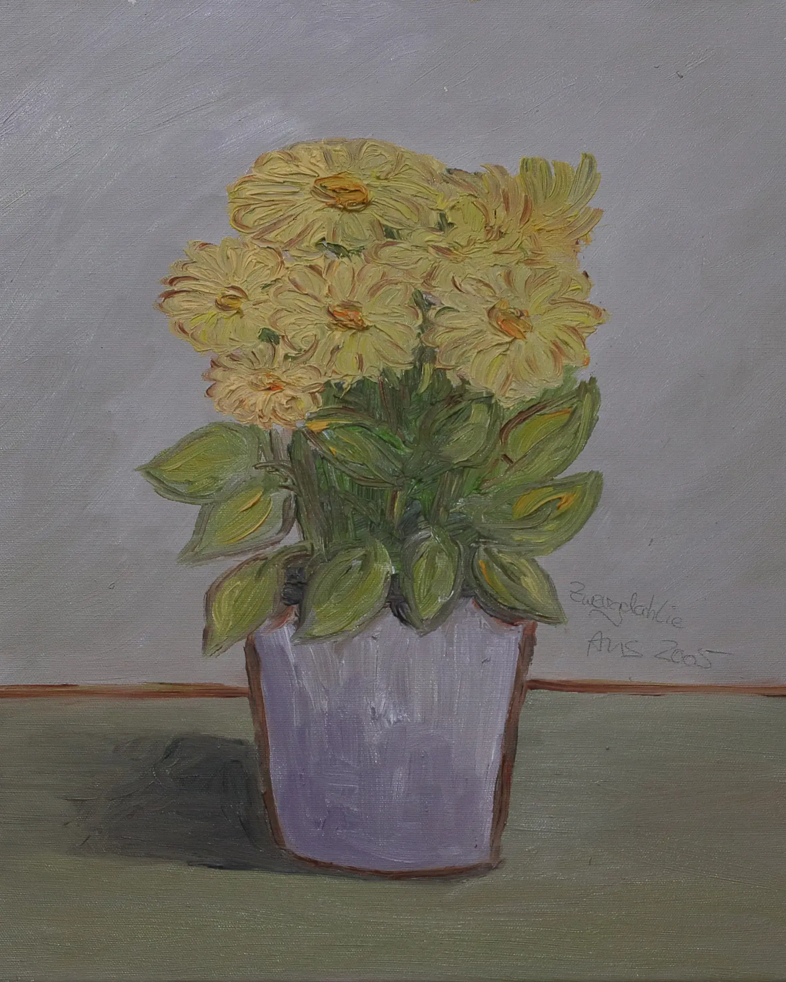 Gemaelde Bild Boquet Blume Blumentopf Dahlie gelb grau lila klein XS Margerite