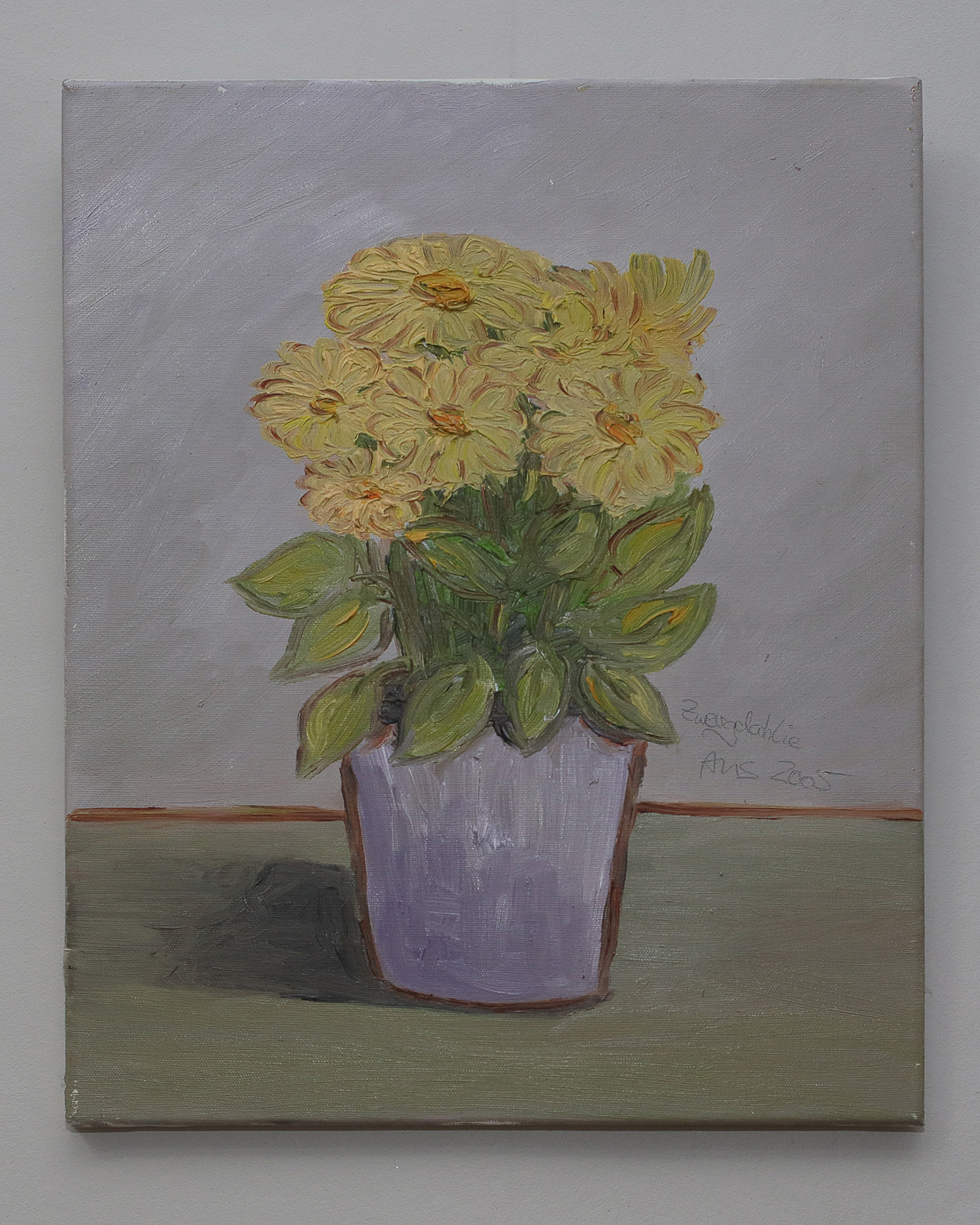 Nahaufnahme Gemaelde Bild Boquet Blume Blumentopf Dahlie gelb grau lila klein XS Margerite