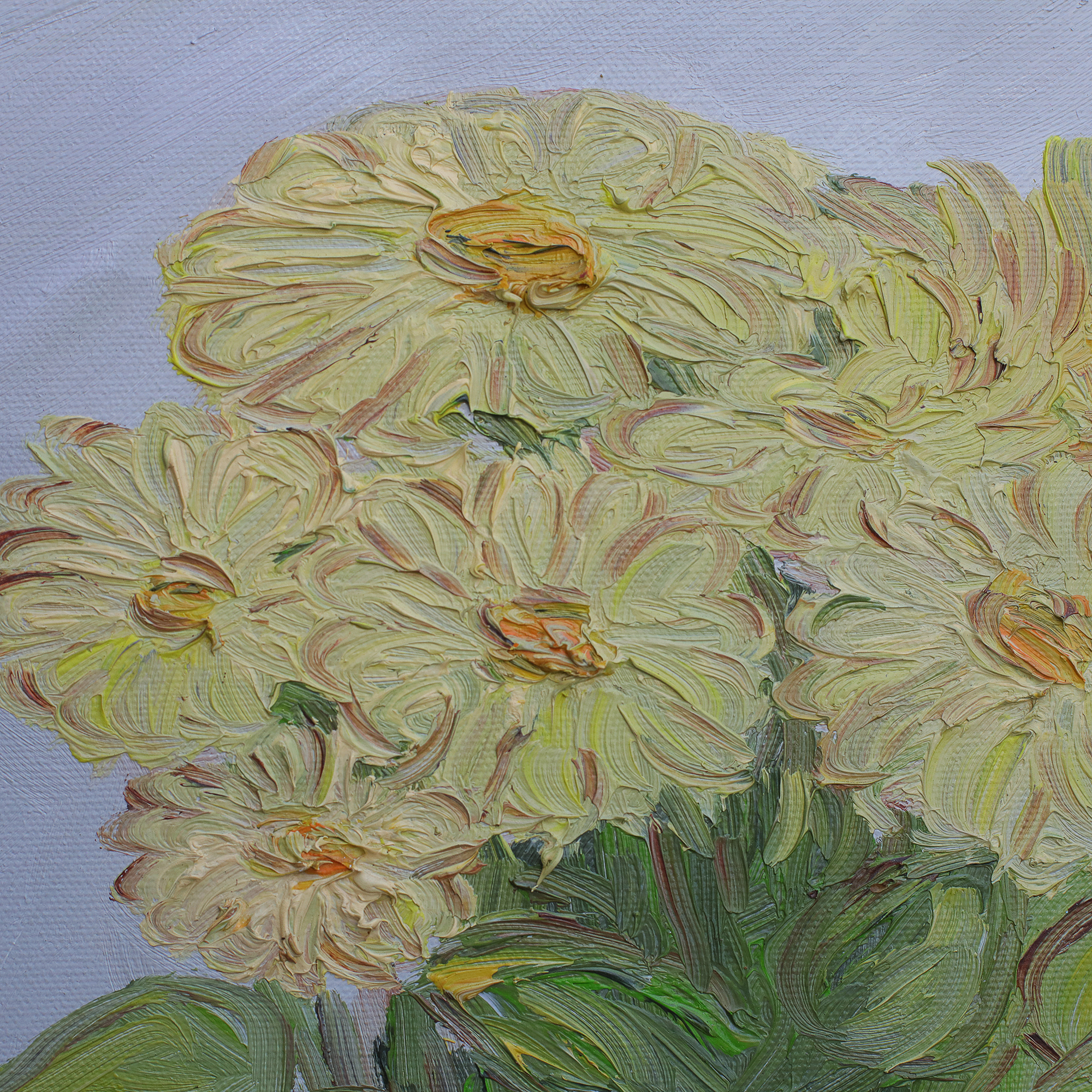 Nahaufnahme Gemaelde Bild Boquet Blume Blumentopf Dahlie gelb grau lila klein XS Margerite