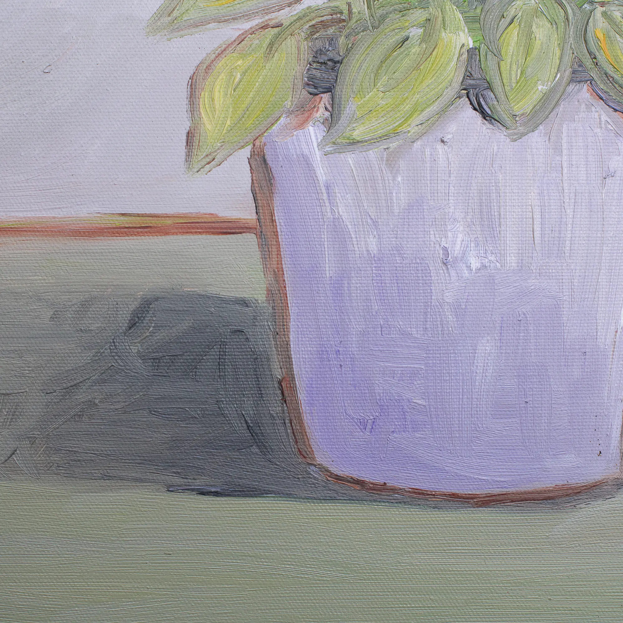 Nahaufnahme Gemaelde Bild Boquet Blume Blumentopf Dahlie gelb grau lila klein XS Margerite