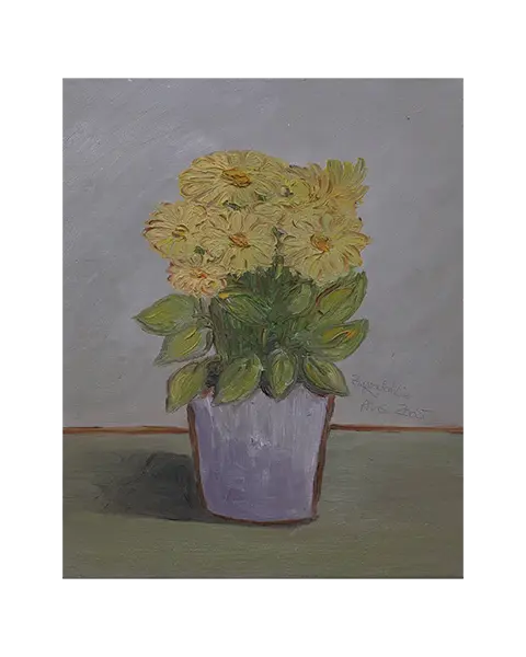 Gemaelde Bild Boquet Blume Blumentopf Dahlie gelb grau lila klein XS Margerite