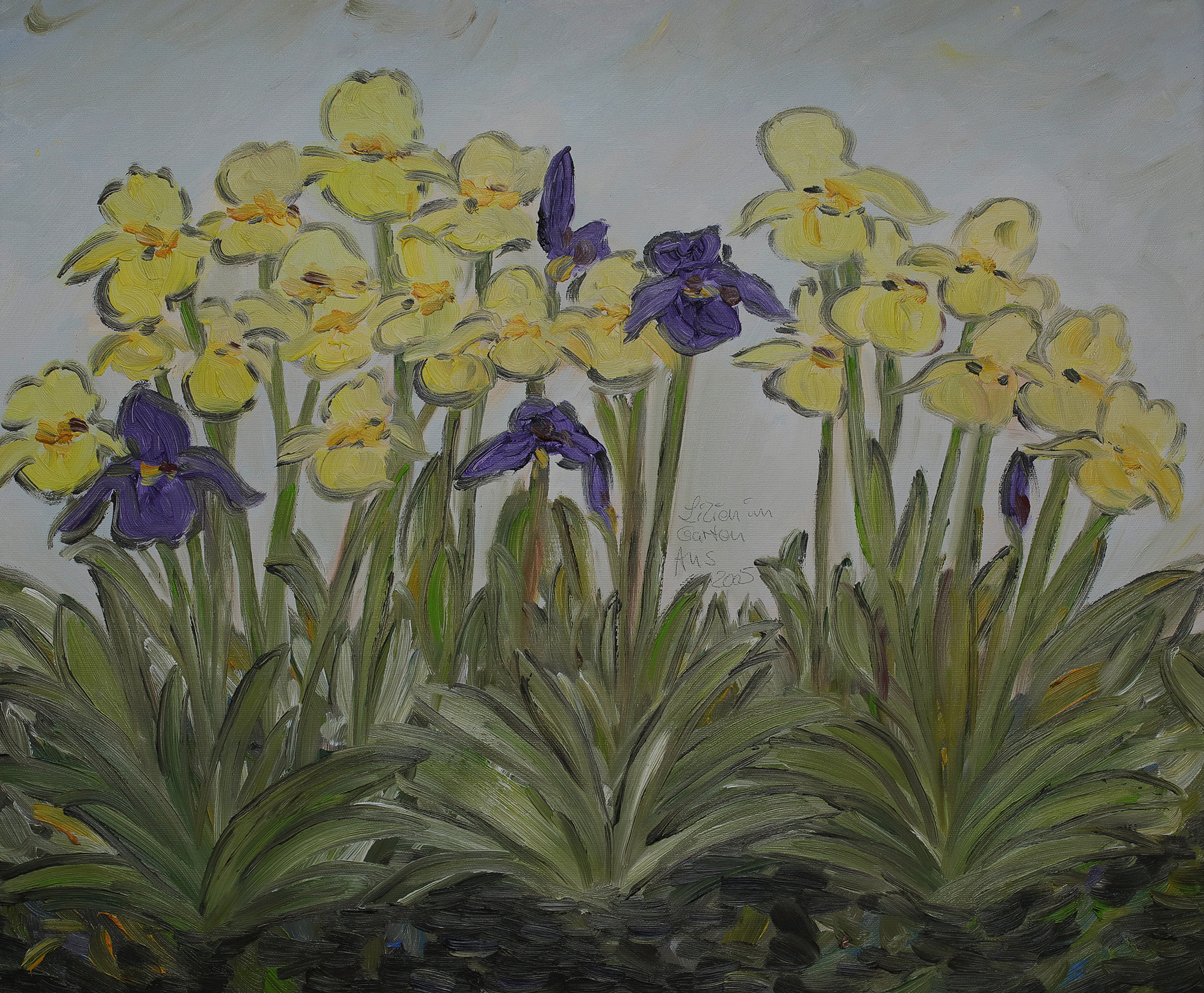 Gemälde Bild Art Garten Lilien Blumen Van Gogh Expressionismus grau gelb lila