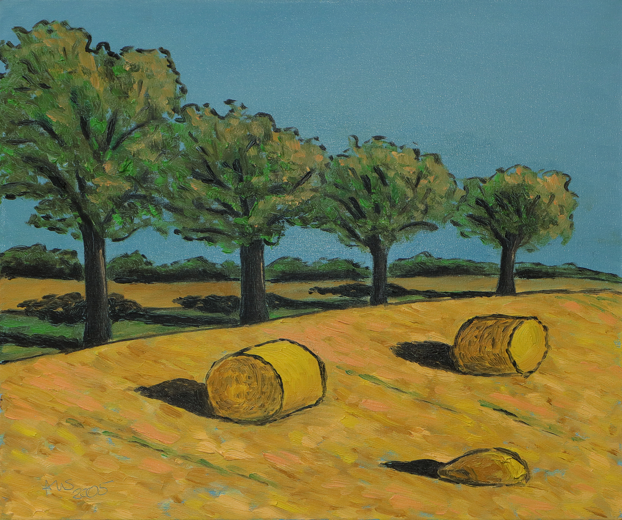 Gemälde Feld Acker Stroh Ballen Baeume Strasse Weg hell blau gelb gruen pastell