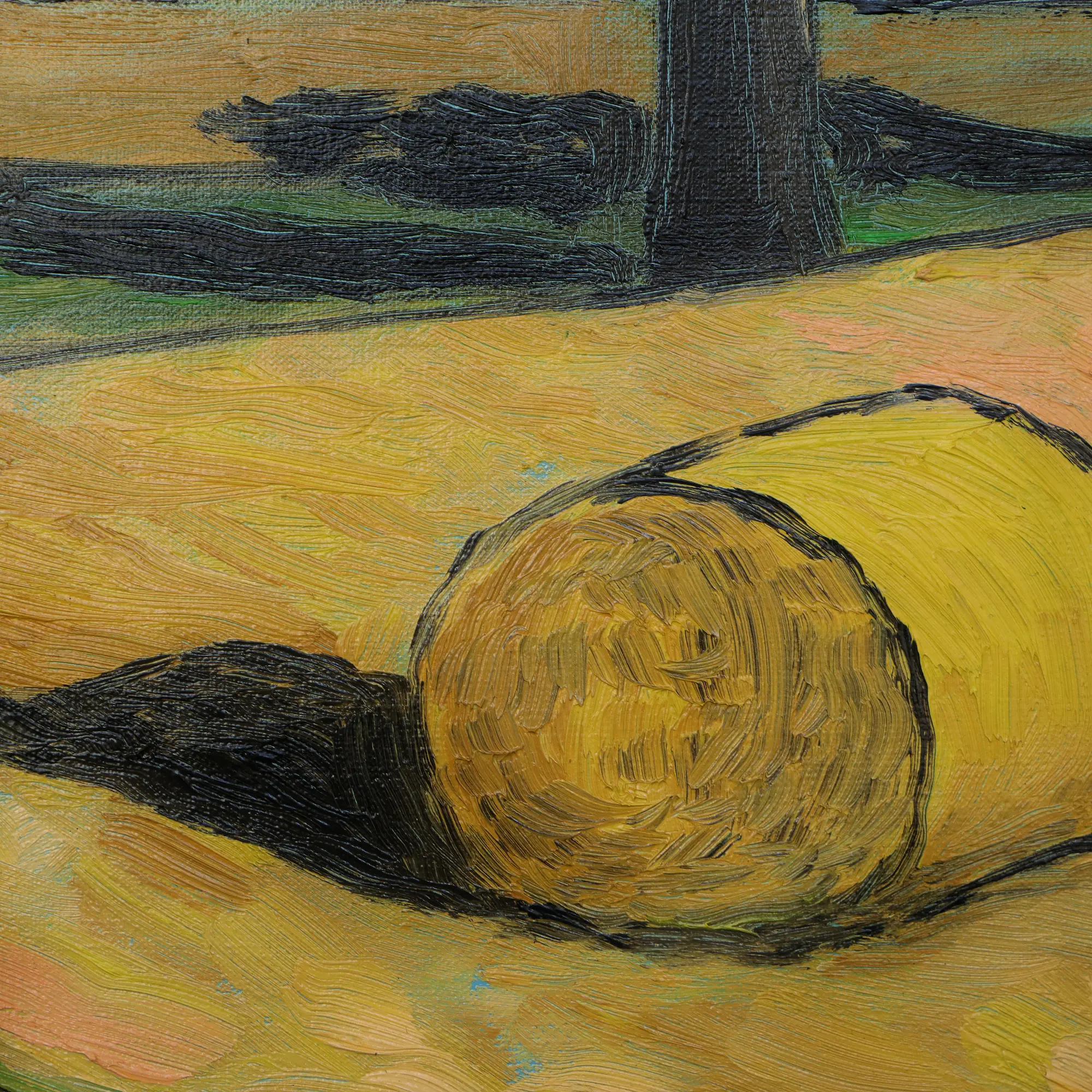 Nahaufnahme Gemälde Feld Acker Stroh Ballen Baeume Strasse Weg hell blau gelb gruen pastell