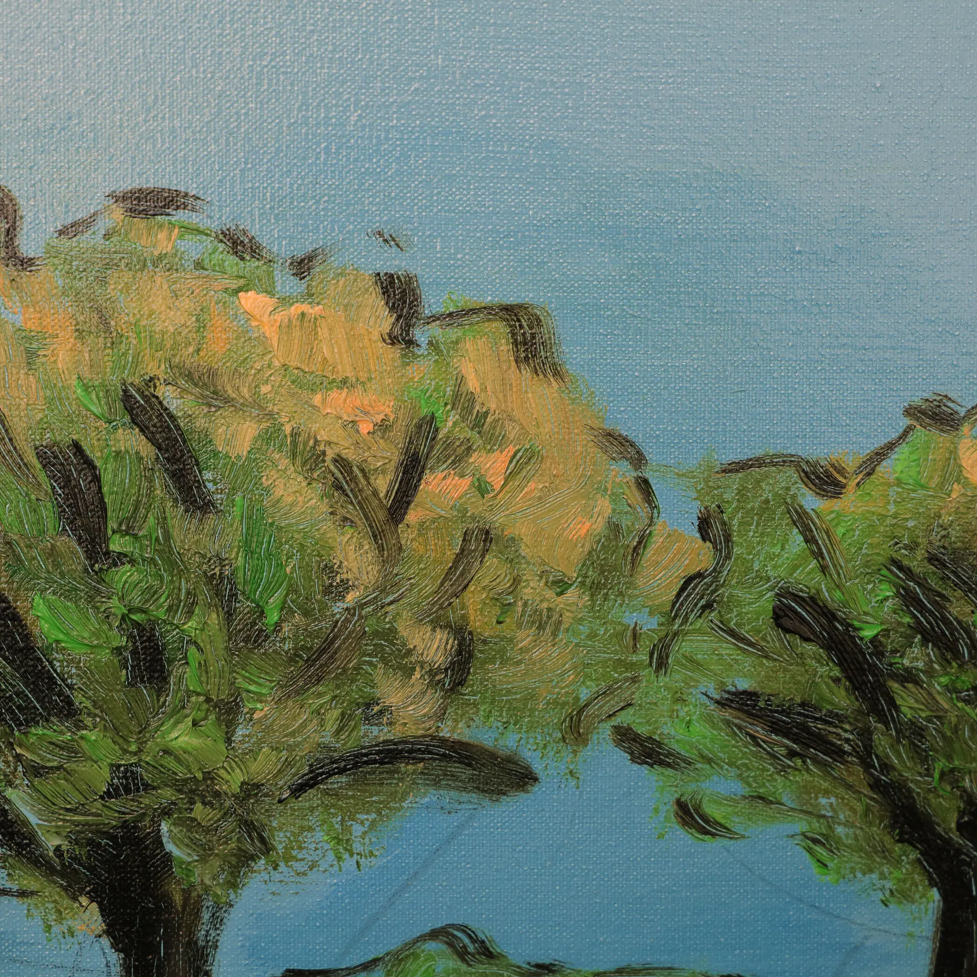 Nahaufnahme Gemälde Feld Acker Stroh Ballen Baeume Strasse Weg hell blau gelb gruen pastell