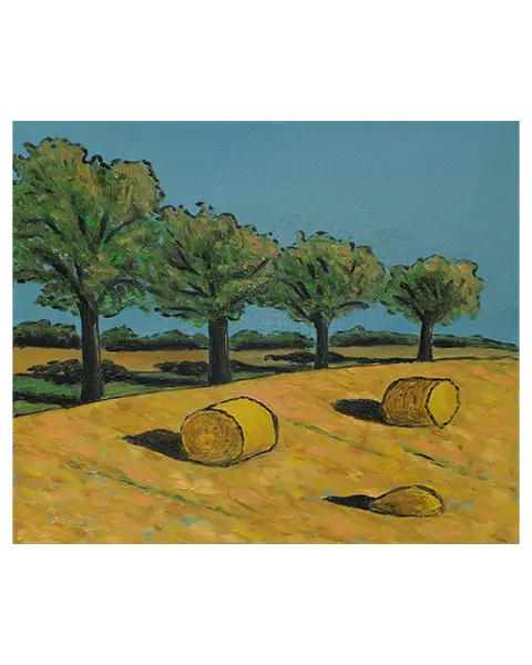 Gemälde Feld Acker Stroh Ballen Baeume Strasse Weg hell blau gelb gruen pastell