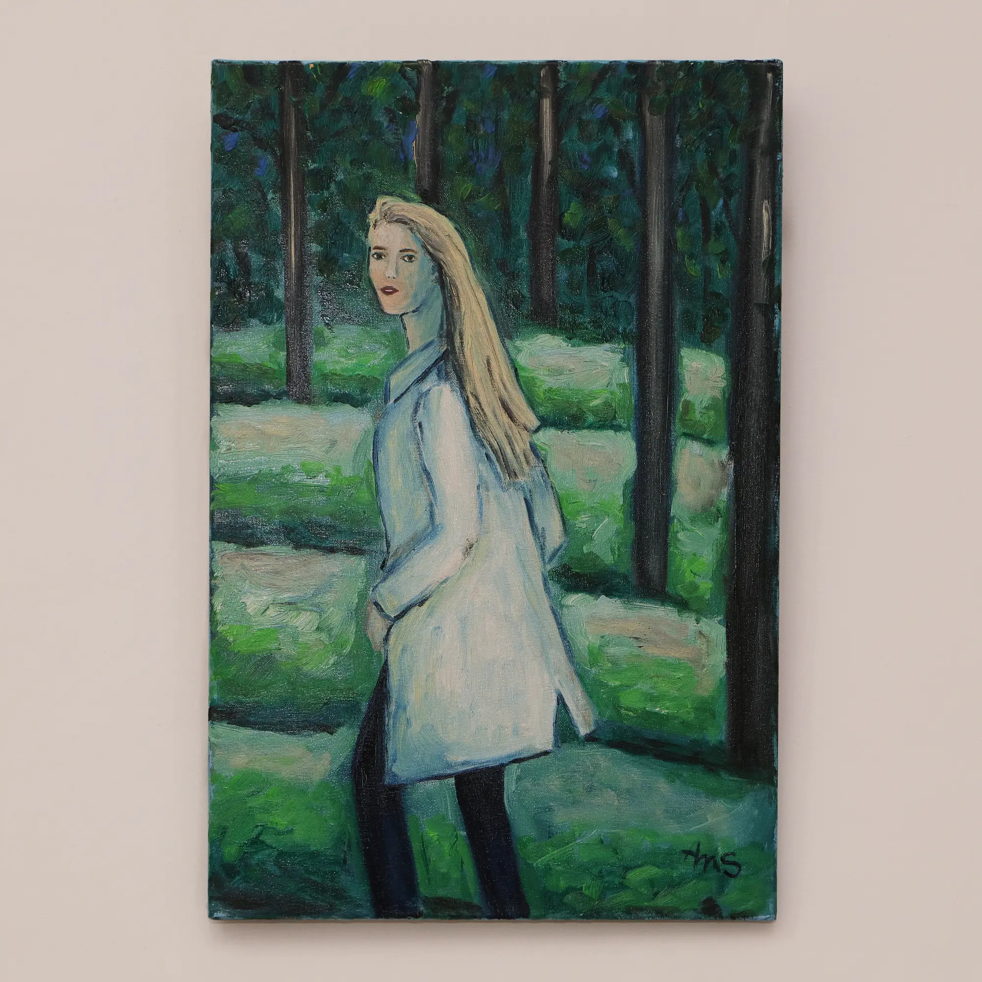 Nahaufnahme Gemälde Frau Person Mensch Wald weiss gruen Hochformat Baum Baeume Unterholz