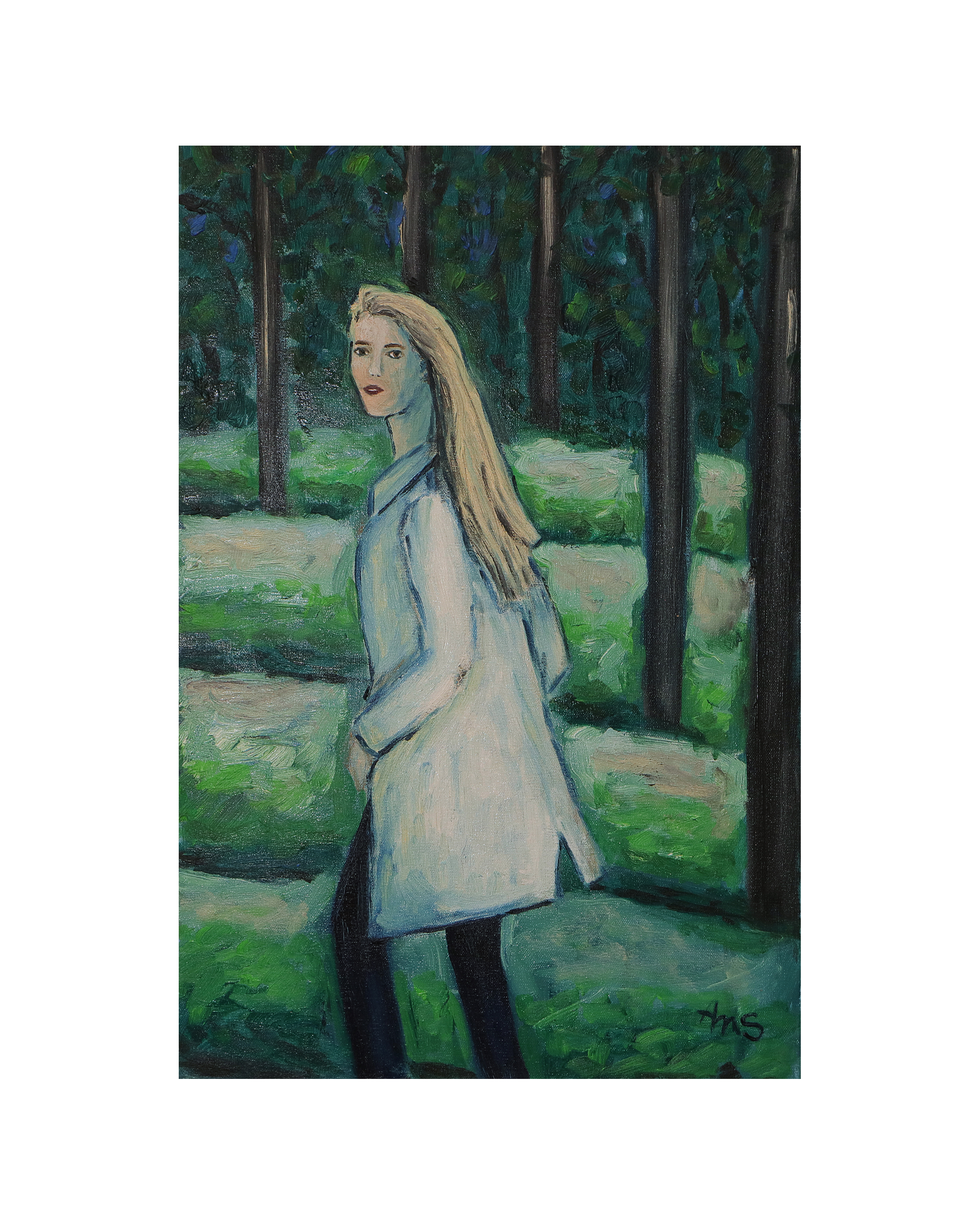 Gemaelde Frau Person Mensch Wald weiss gruen Hochformat Baum Baeume Unterholz