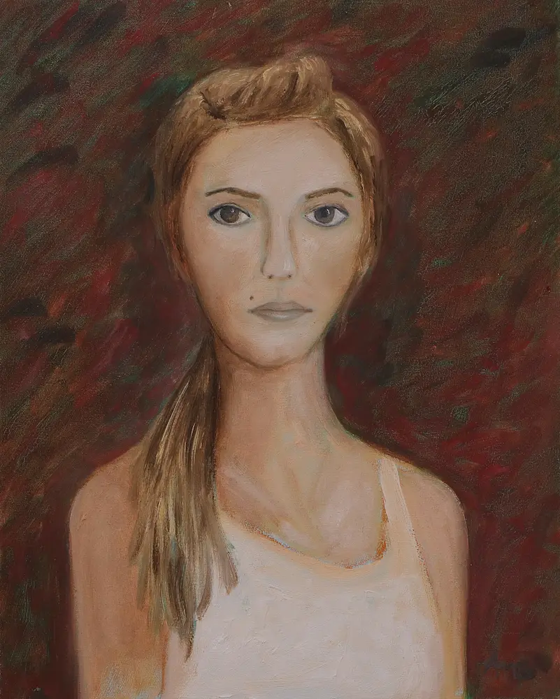 Gemälde Porträt Frau Dame Öl Kunst dunkel rot weiß blond torso klein echt