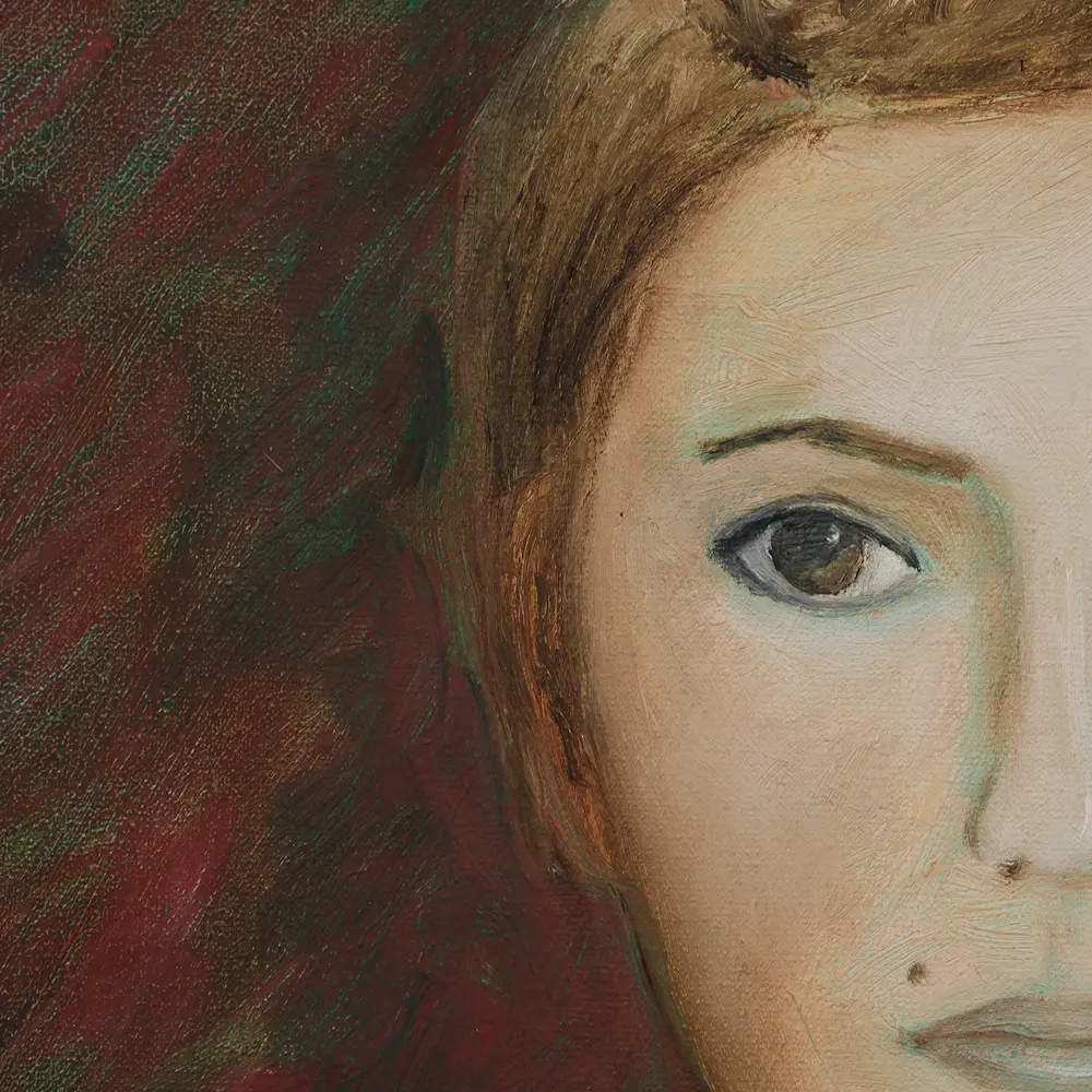 Nahaufnahme Gemälde Porträt Frau Dame Öl Kunst dunkel rot weiß blond torso klein echt