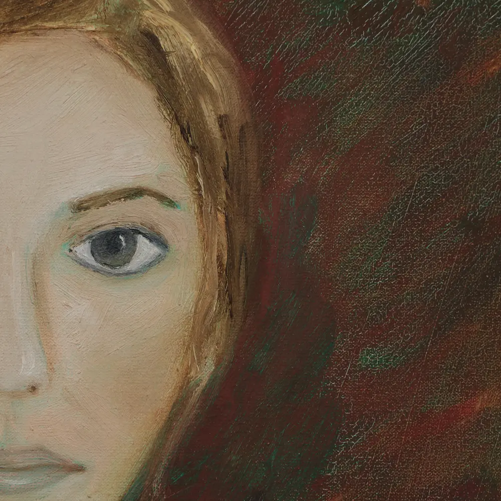 Nahaufnahme Gemälde Porträt Frau Dame Öl Kunst dunkel rot weiß blond torso klein echt