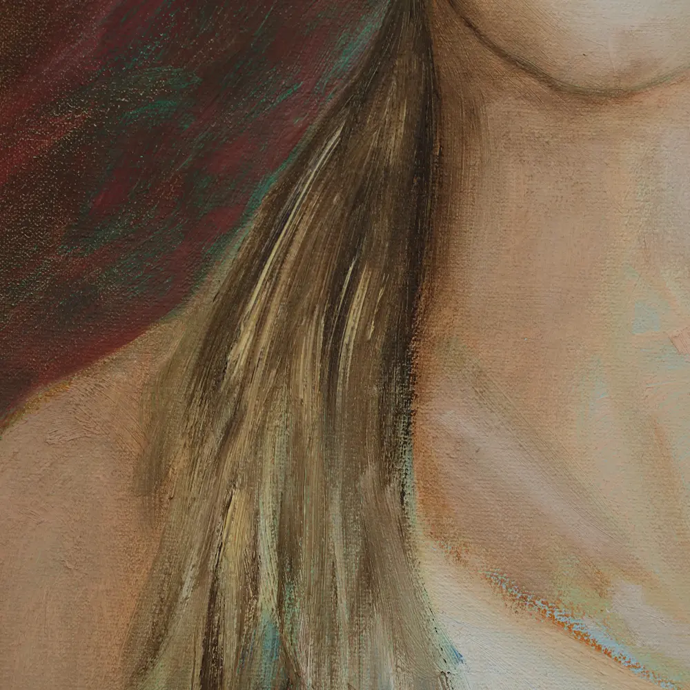 Nahaufnahme Gemälde Porträt Frau Dame Öl Kunst dunkel rot weiß blond torso klein echt
