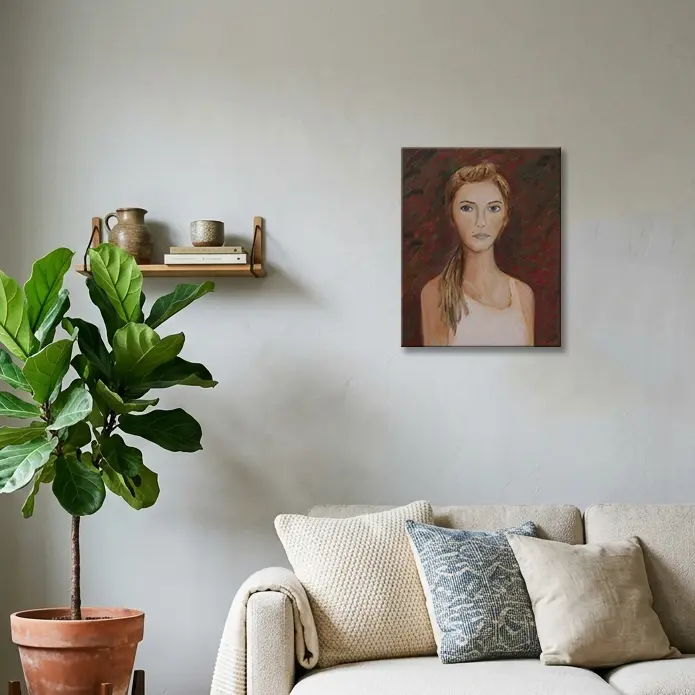 Wandbild für modernes Wohndesign Gemälde Porträt Frau Dame Öl Kunst dunkel rot weiß blond torso klein echt