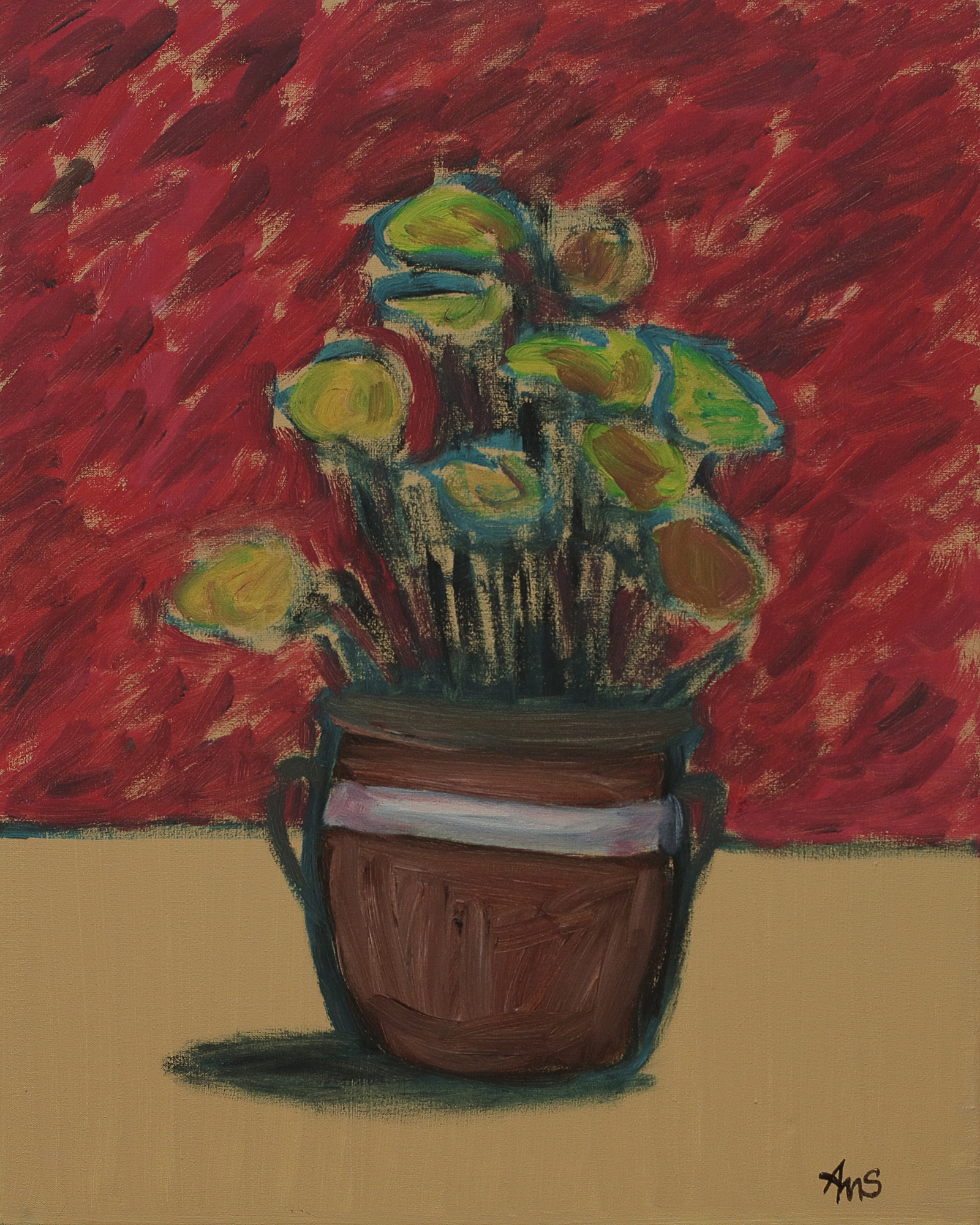 Gemälde Blume Blumentopf Studentenblumen gelb rot beige Skizze tuerkis