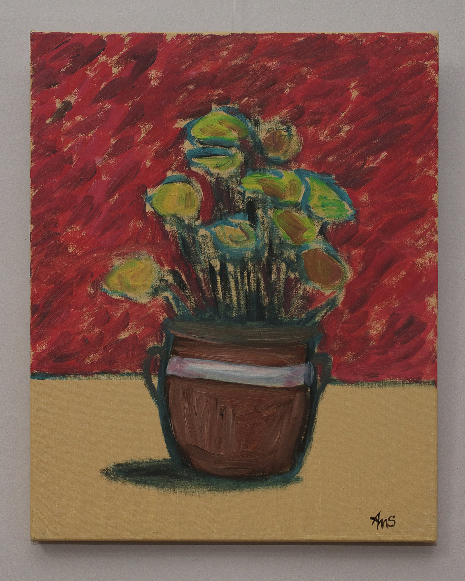 Nahaufnahme Gemälde Blume Blumentopf Studentenblumen gelb rot beige Skizze tuerkis