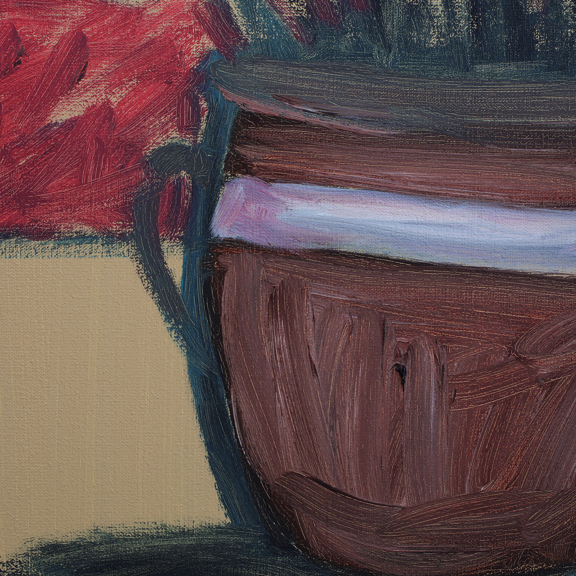 Nahaufnahme Gemälde Blume Blumentopf Studentenblumen gelb rot beige Skizze tuerkis