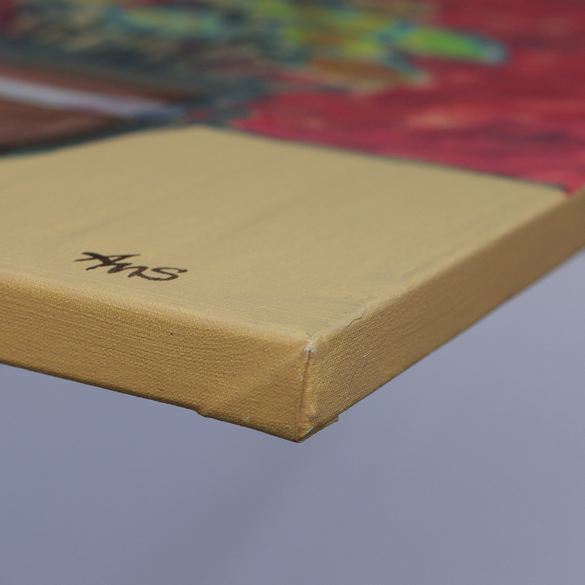 Nahaufnahme Gemälde Blume Blumentopf Studentenblumen gelb rot beige Skizze tuerkis