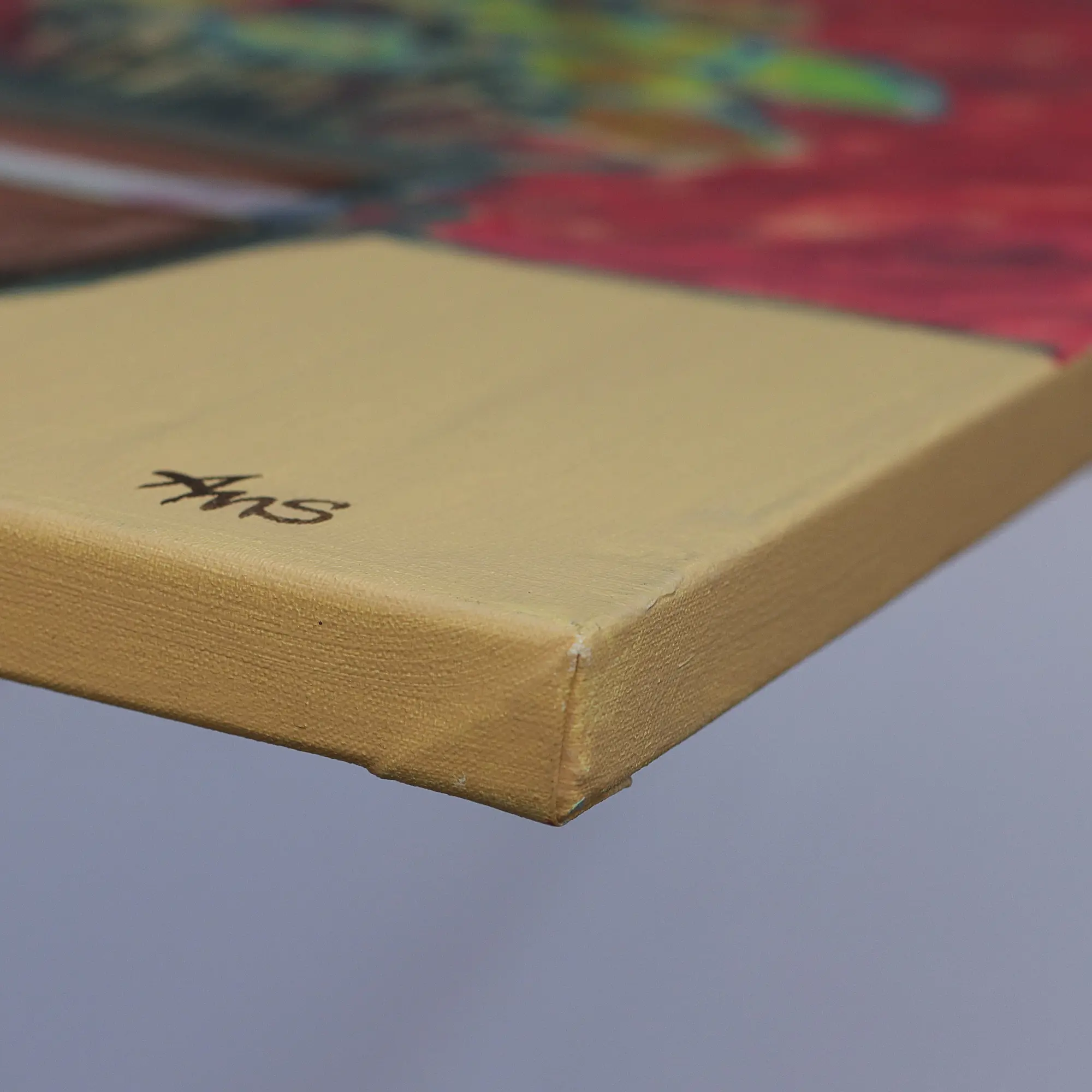 Nahaufnahme Gemälde Blume Blumentopf Studentenblumen gelb rot beige Skizze tuerkis