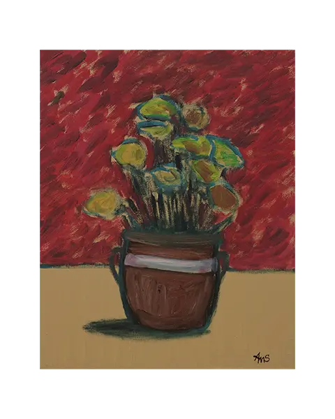 Gemälde Blume Blumentopf Studentenblumen gelb rot beige Skizze tuerkis