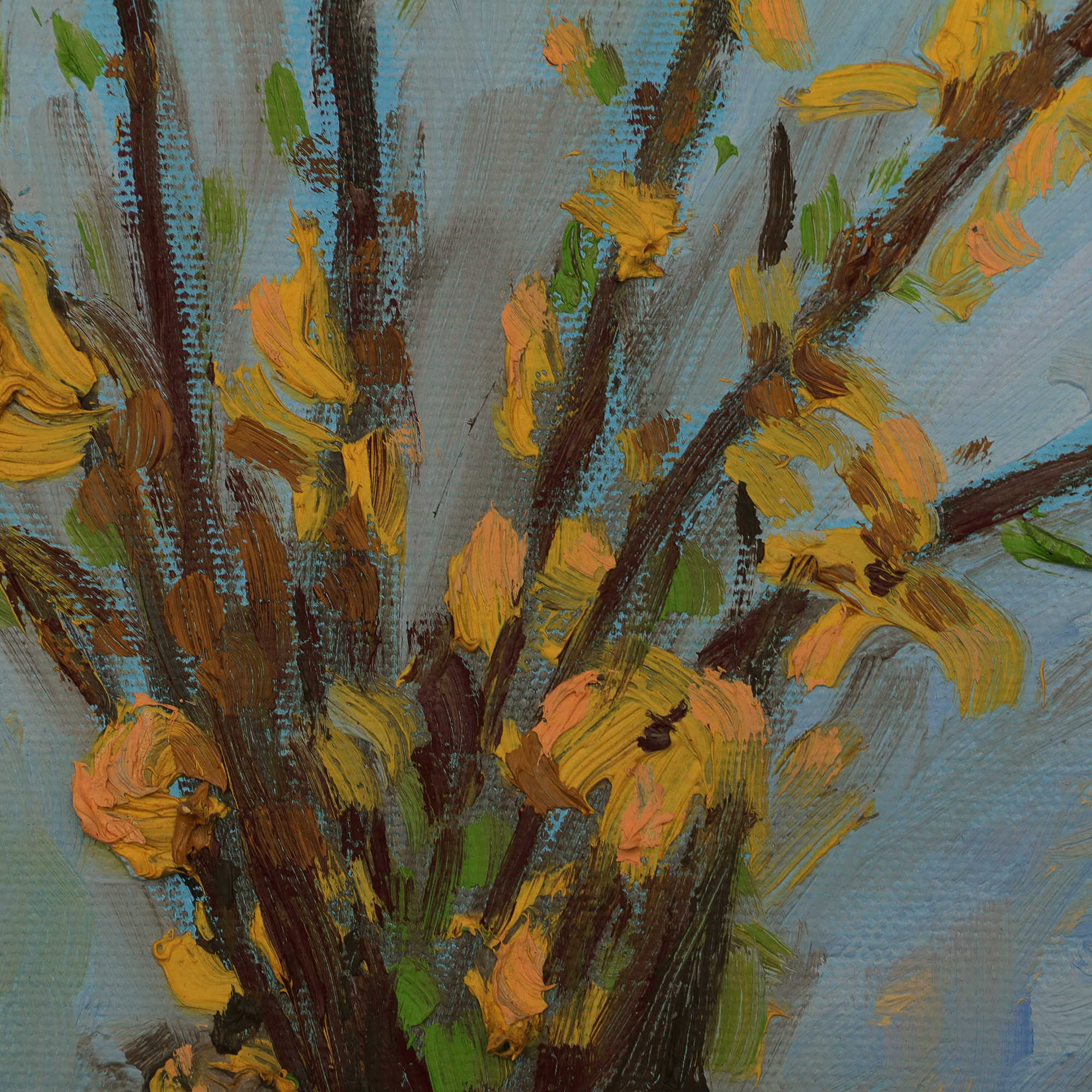 Nahaufnahme Gemälde Stillleben Blumen Strauss blau gelb Forsythie Vase Fruehling Ostern