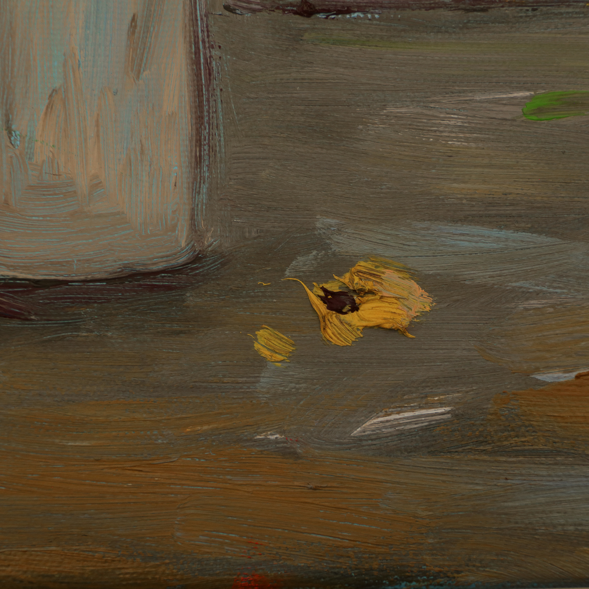 Nahaufnahme Gemälde Stillleben Blumen Strauss blau gelb Forsythie Vase Fruehling Ostern