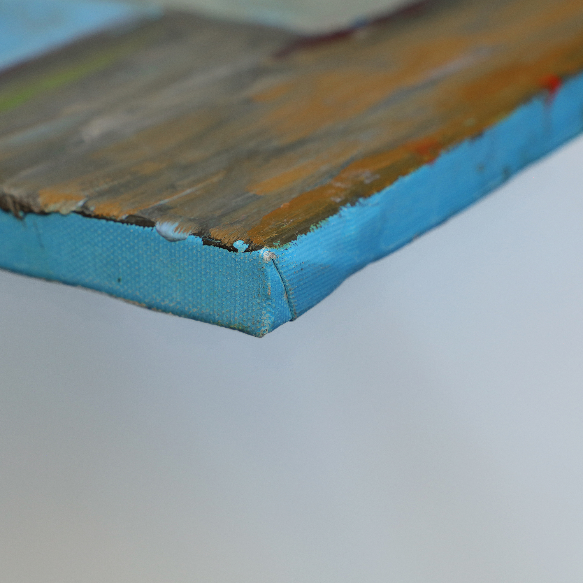 Nahaufnahme Gemälde Stillleben Blumen Strauss blau gelb Forsythie Vase Fruehling Ostern