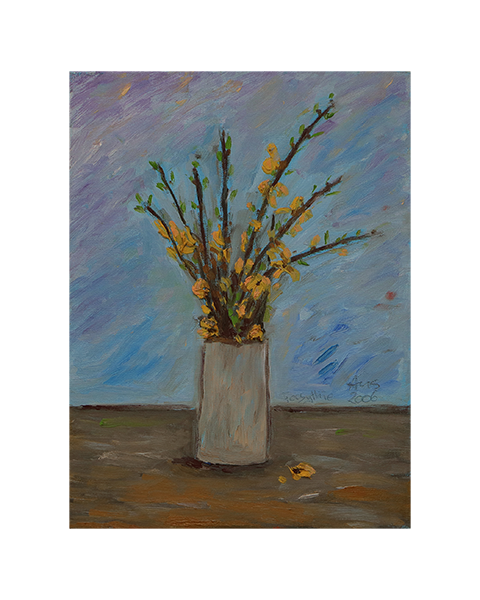 Gemaelde Stillleben Blumen Strauss blau gelb Forsythie Vase Fruehling Ostern