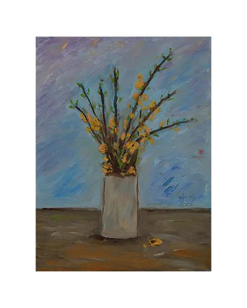 Gemälde Stillleben Blumen Strauss blau gelb Forsythie Vase Fruehling Ostern