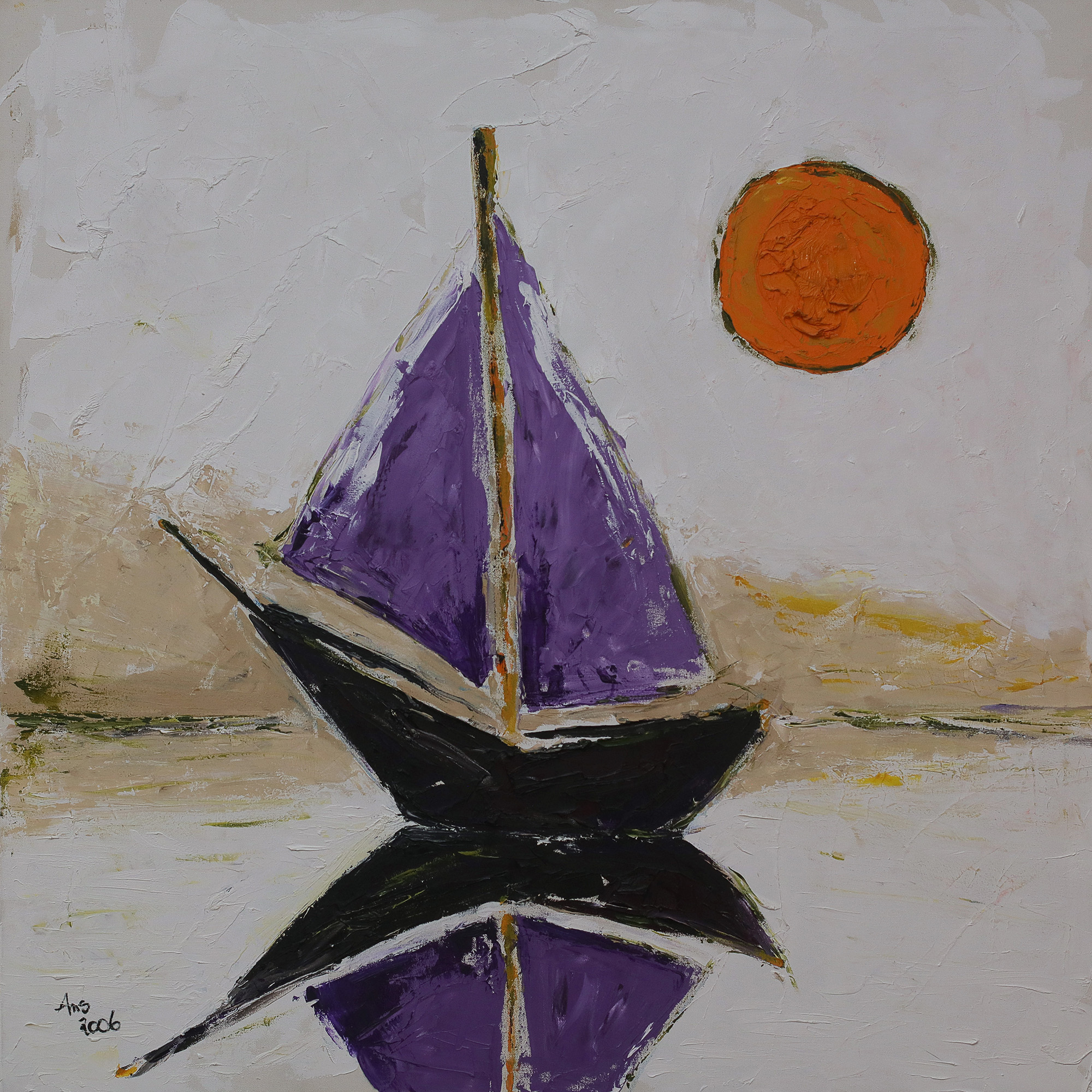 Abendsonne und Boot - 100 x 100 cm - 80 Euro