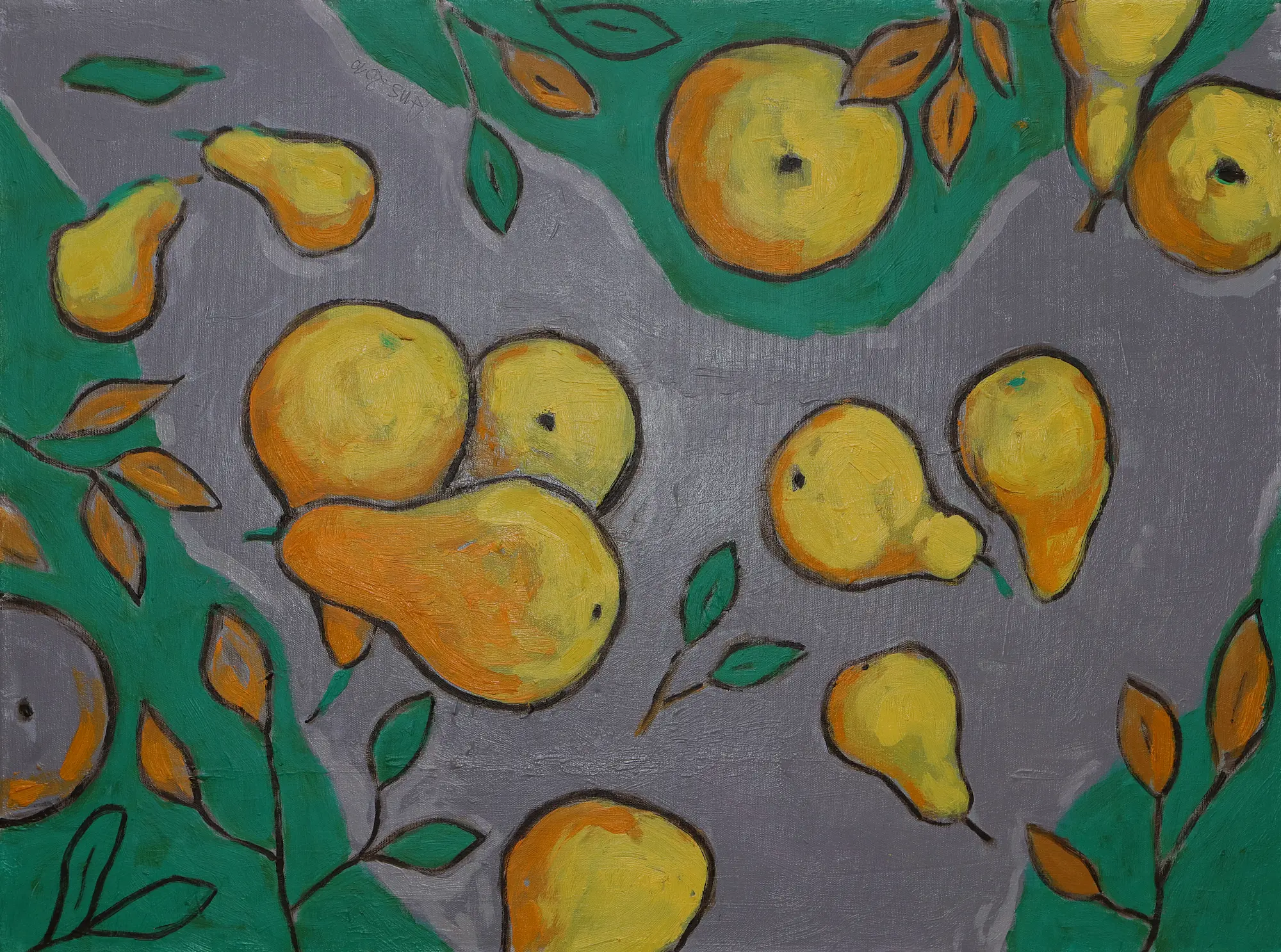 Gemälde Stillleben Birnen Fruechte Birne Blaetter grau gelb Kueche Esszimmer