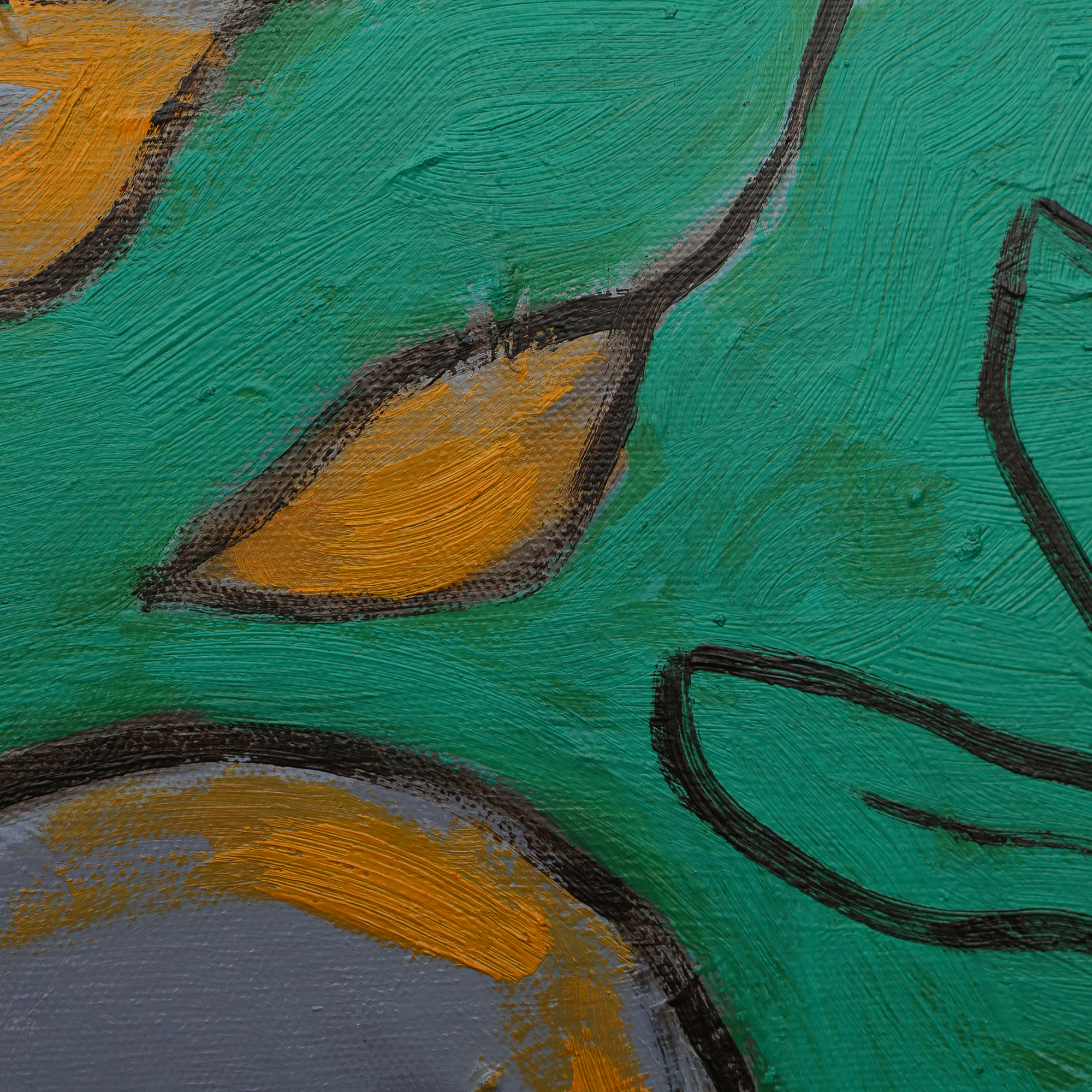 Nahaufnahme Gemälde Stillleben Birnen Fruechte Birne Blaetter grau gelb Kueche Esszimmer