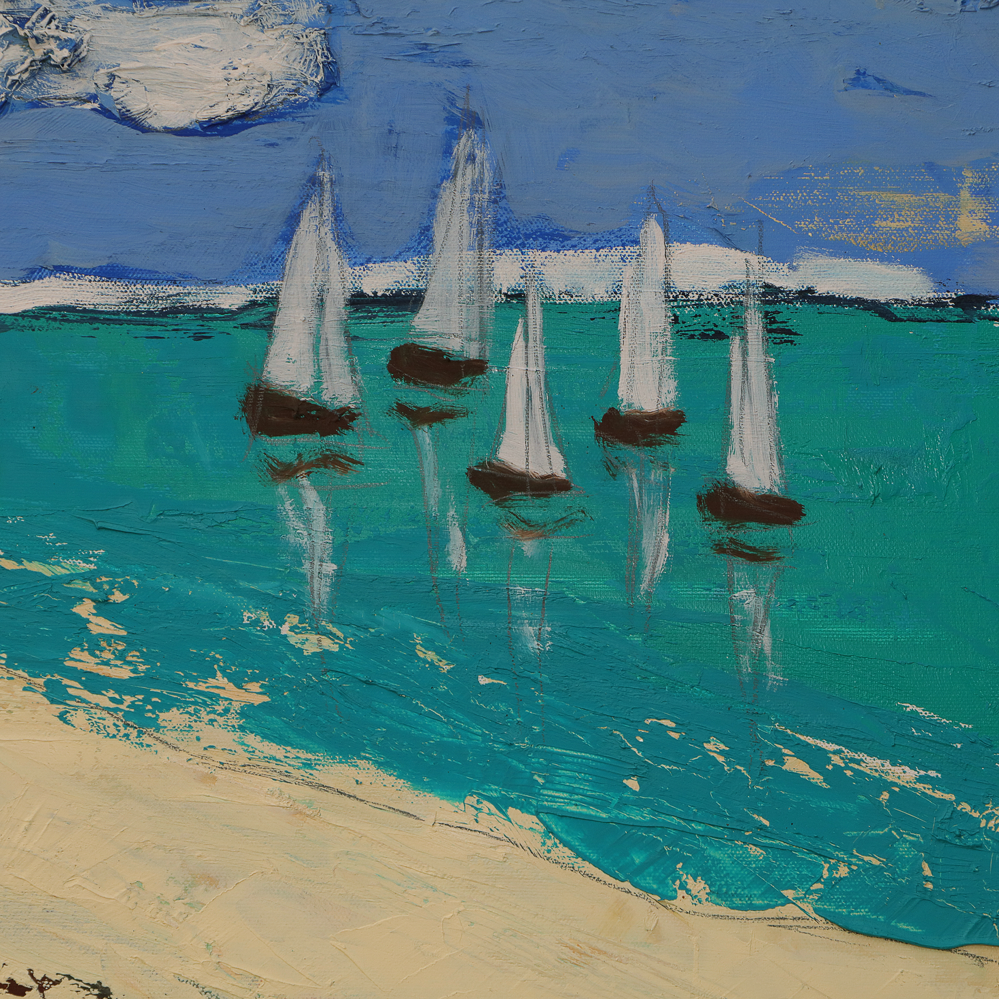 Nahaufnahme Gemälde XXL XL lang schmal Jamaika Meer Segel Boote blau gruen Strand Urlaub Art