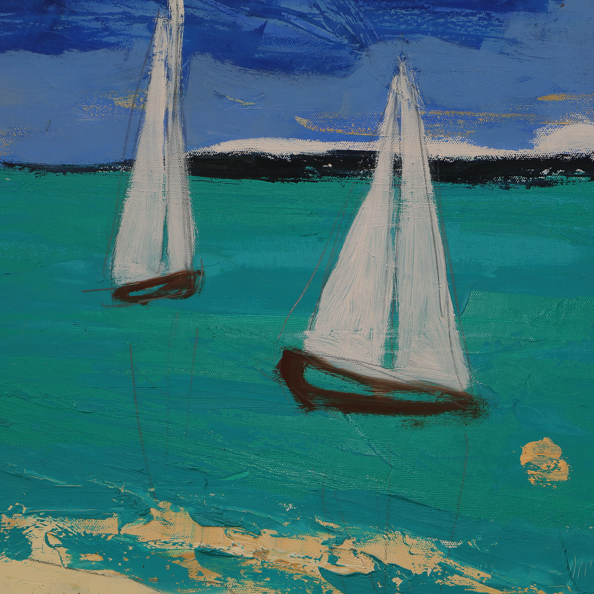 Nahaufnahme Gemälde XXL XL lang schmal Jamaika Meer Segel Boote blau gruen Strand Urlaub Art