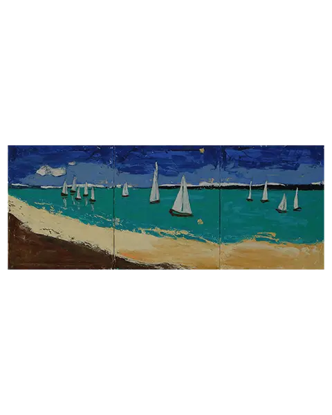 Gemälde XXL XL lang schmal Jamaika Meer Segel Boote blau gruen Strand Urlaub Art